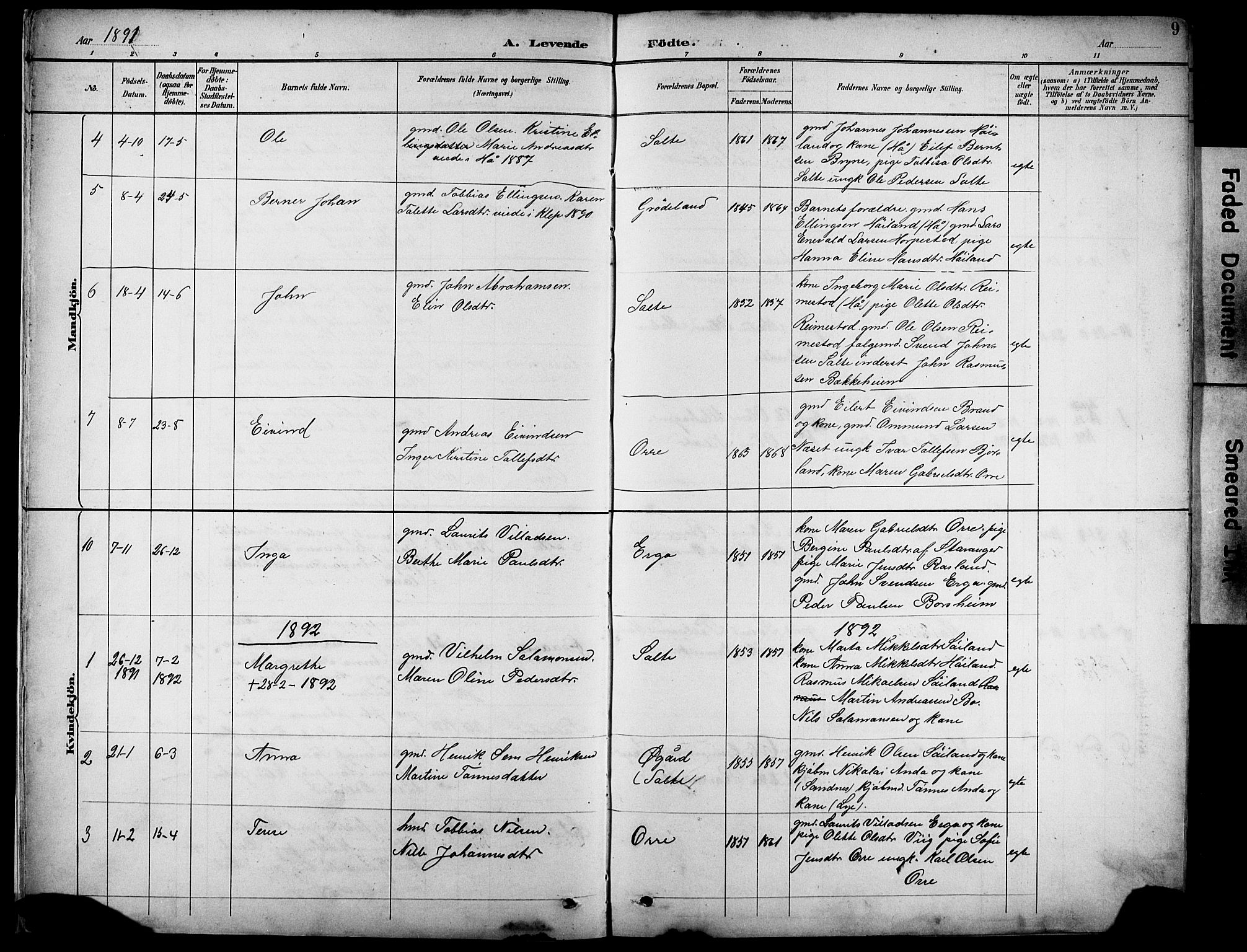 Klepp sokneprestkontor, SAST/A-101803/001/3/30BB/L0005: Parish register (copy) no. B 5, 1889-1918, p. 9