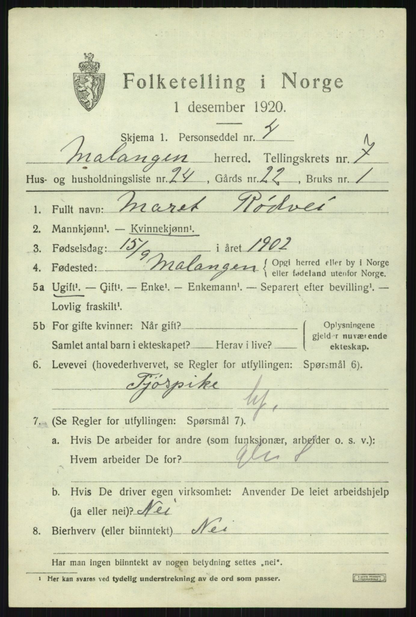 SATØ, 1920 census for Malangen, 1920, p. 3117