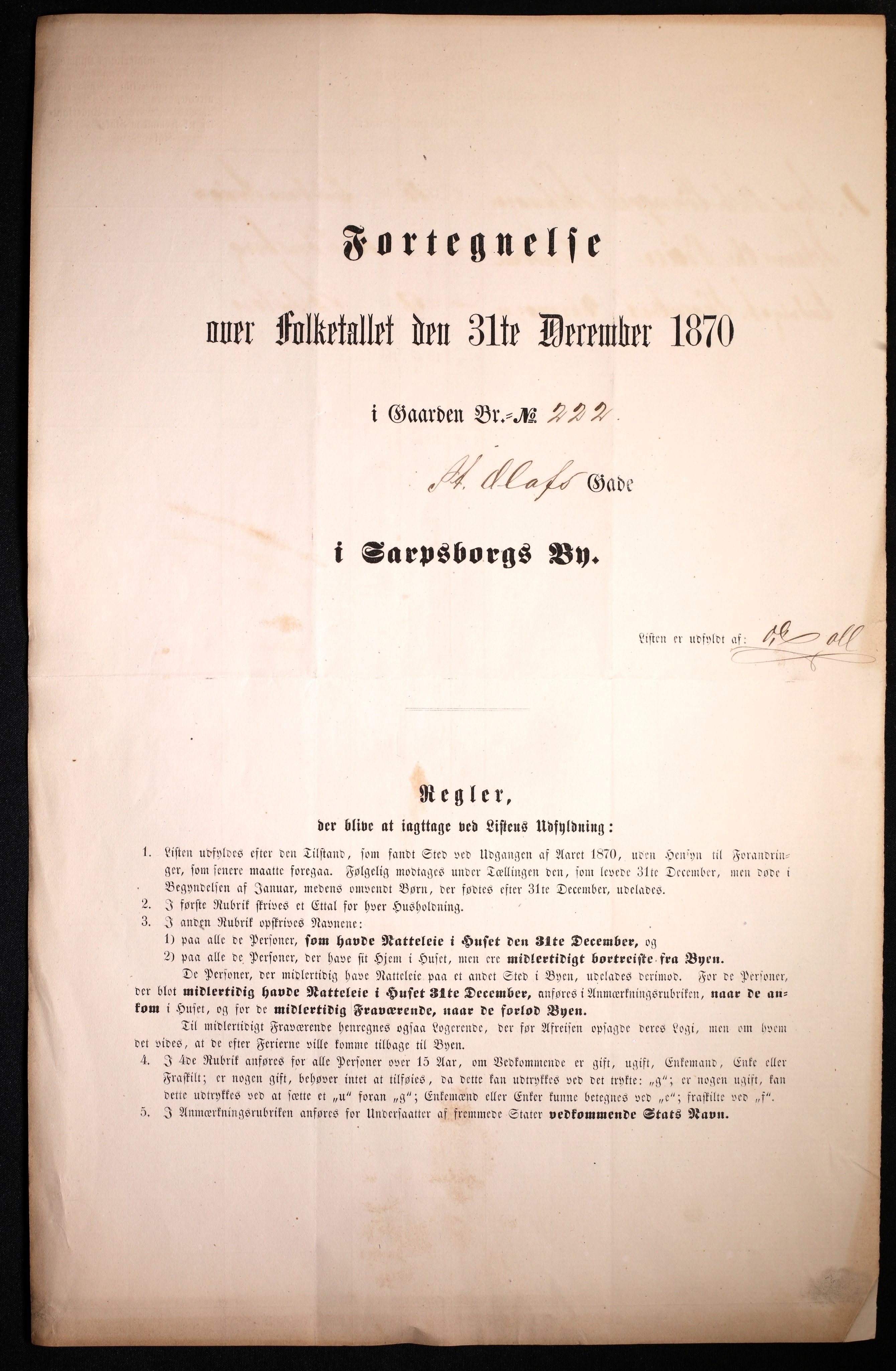 RA, 1870 census for 0102 Sarpsborg, 1870, p. 5