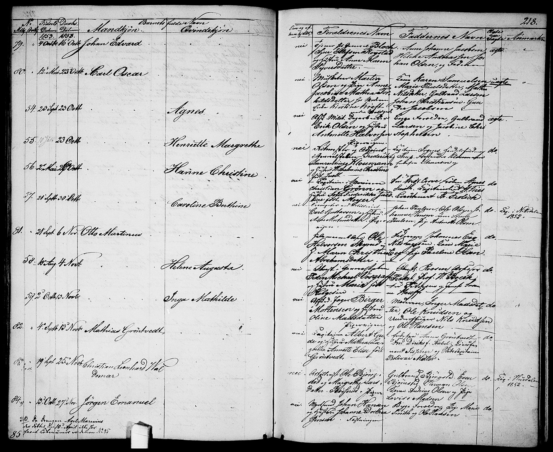 Garnisonsmenigheten Kirkebøker, AV/SAO-A-10846/G/Ga/L0005: Parish register (copy) no. 5, 1841-1860, p. 218