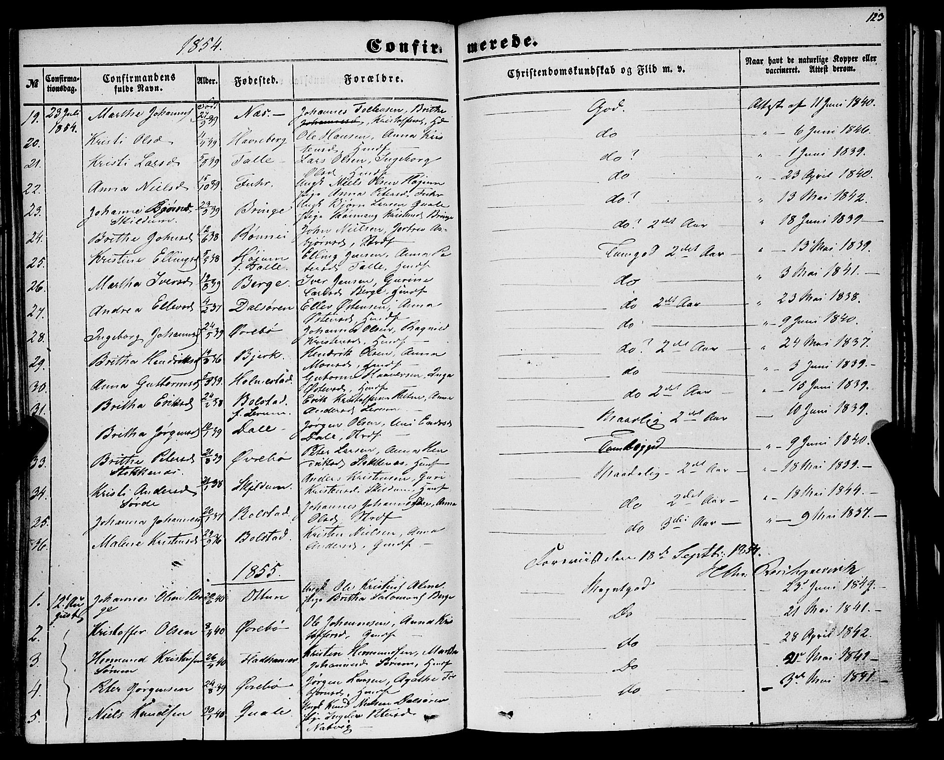 Luster sokneprestembete, AV/SAB-A-81101/H/Haa/Haaa/L0007: Parish register (official) no. A 7, 1849-1859, p. 123