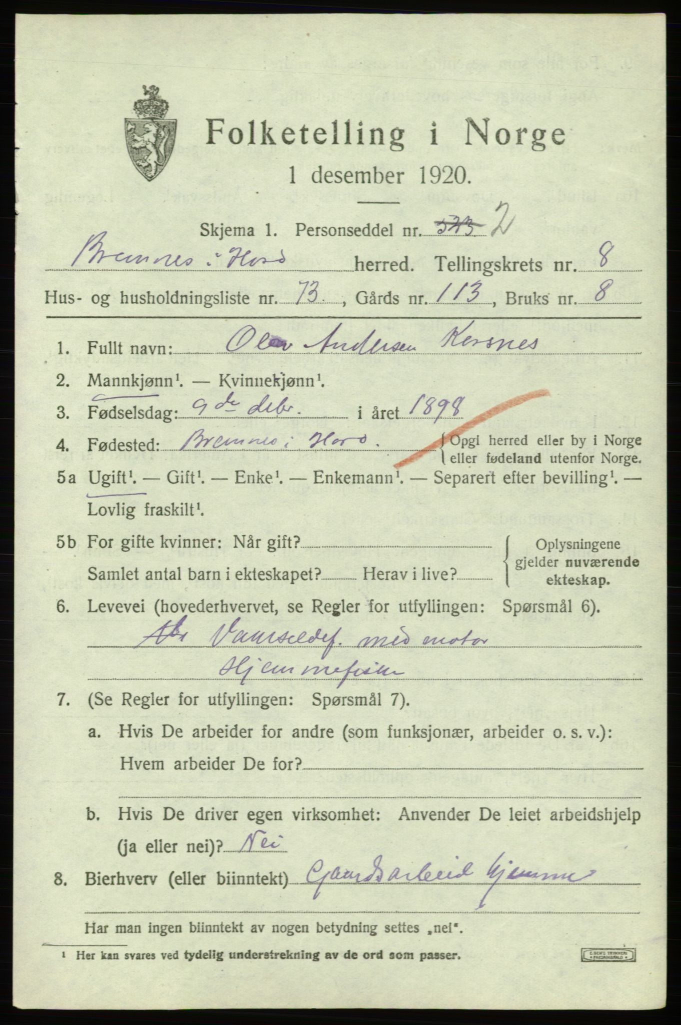 SAB, 1920 census for Bremnes, 1920, p. 6108