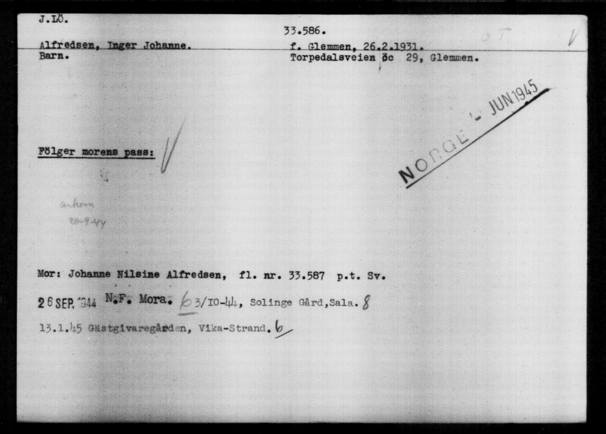 Utenriksstasjonene, Legasjonen i Stockholm, Flyktningkontoret, AV/RA-S-6753/V/Va/L0013: Kjesäterkartoteket, flyktninger med registreringsnr. 31500-34731, 1940-1945, p. 2202