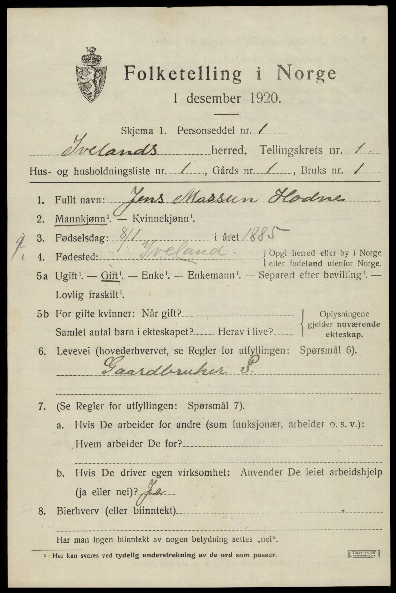 SAK, 1920 census for Iveland, 1920, p. 415