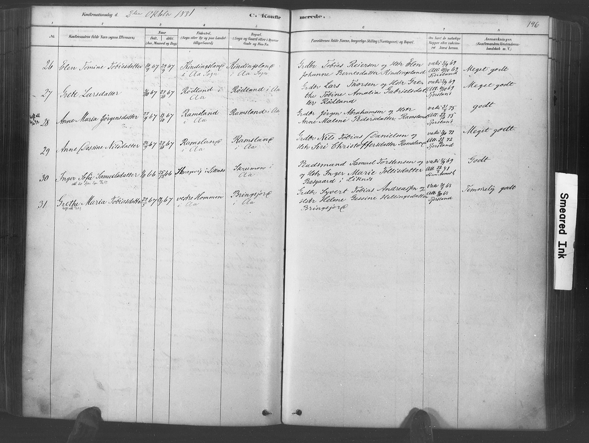 Lyngdal sokneprestkontor, AV/SAK-1111-0029/F/Fa/Fac/L0011: Parish register (official) no. A 11, 1878-1893, p. 196