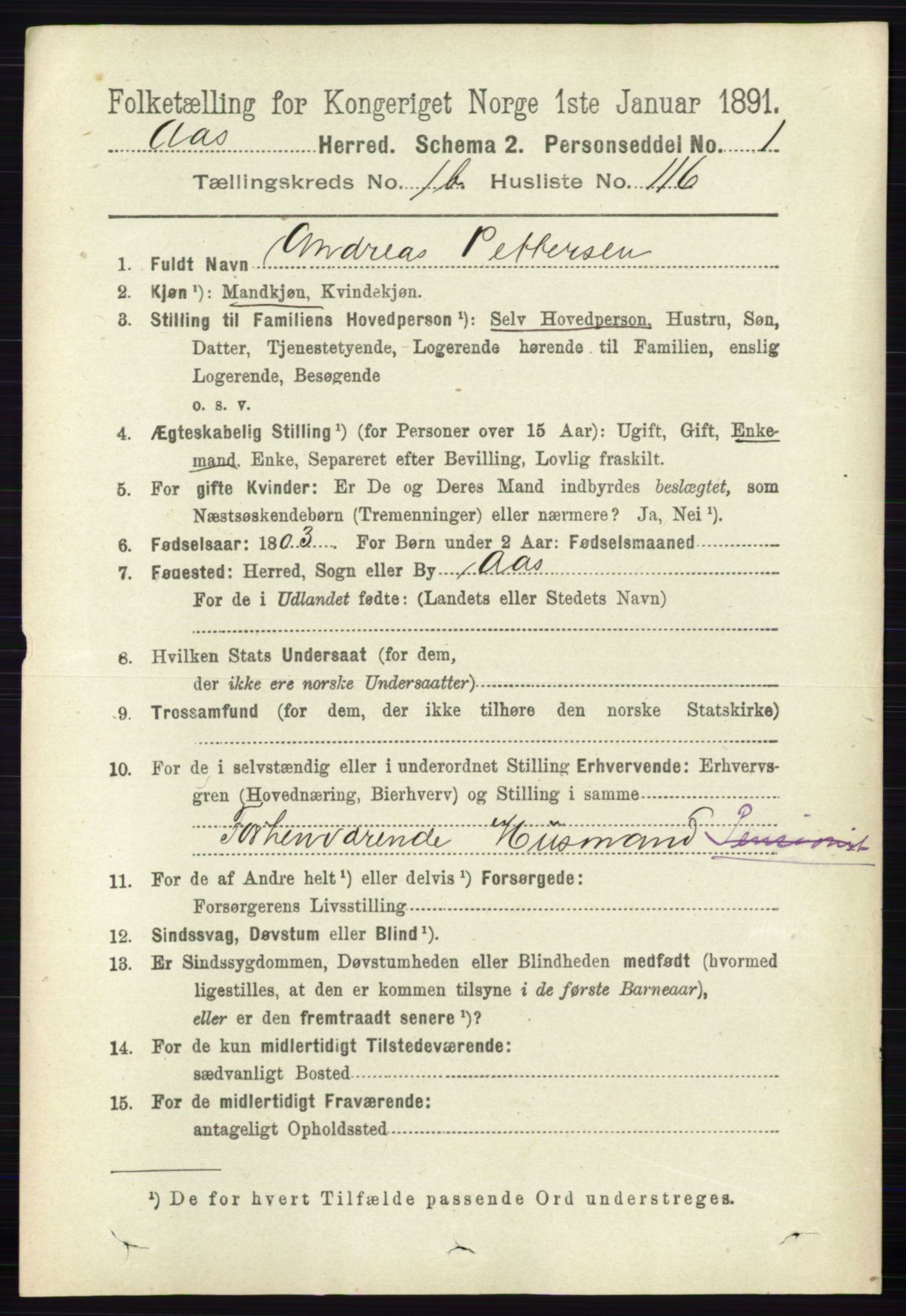 RA, 1891 census for 0214 Ås, 1891, p. 1495