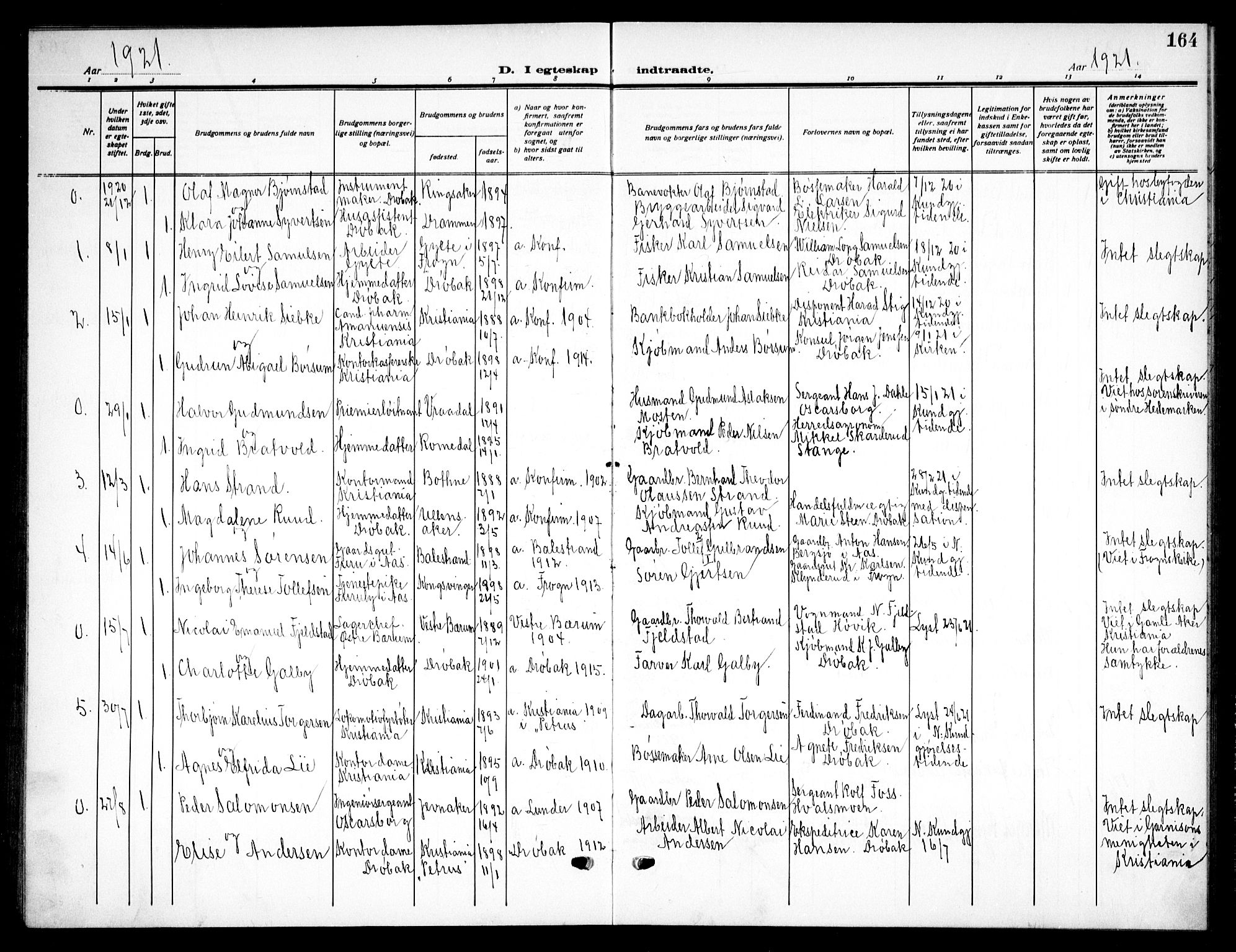 Drøbak prestekontor Kirkebøker, SAO/A-10142a/G/Ga/L0002: Parish register (copy) no. I 2, 1917-1932, p. 164