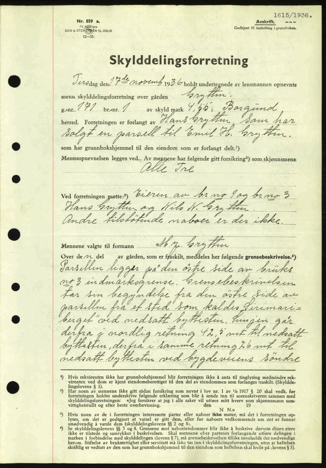 Nordre Sunnmøre sorenskriveri, AV/SAT-A-0006/1/2/2C/2Ca: Mortgage book no. A2, 1936-1937, Diary no: : 1615/1936