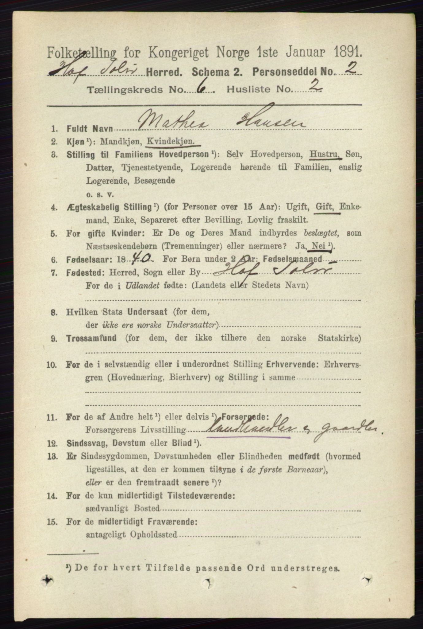 RA, 1891 census for 0424 Hof, 1891, p. 2257