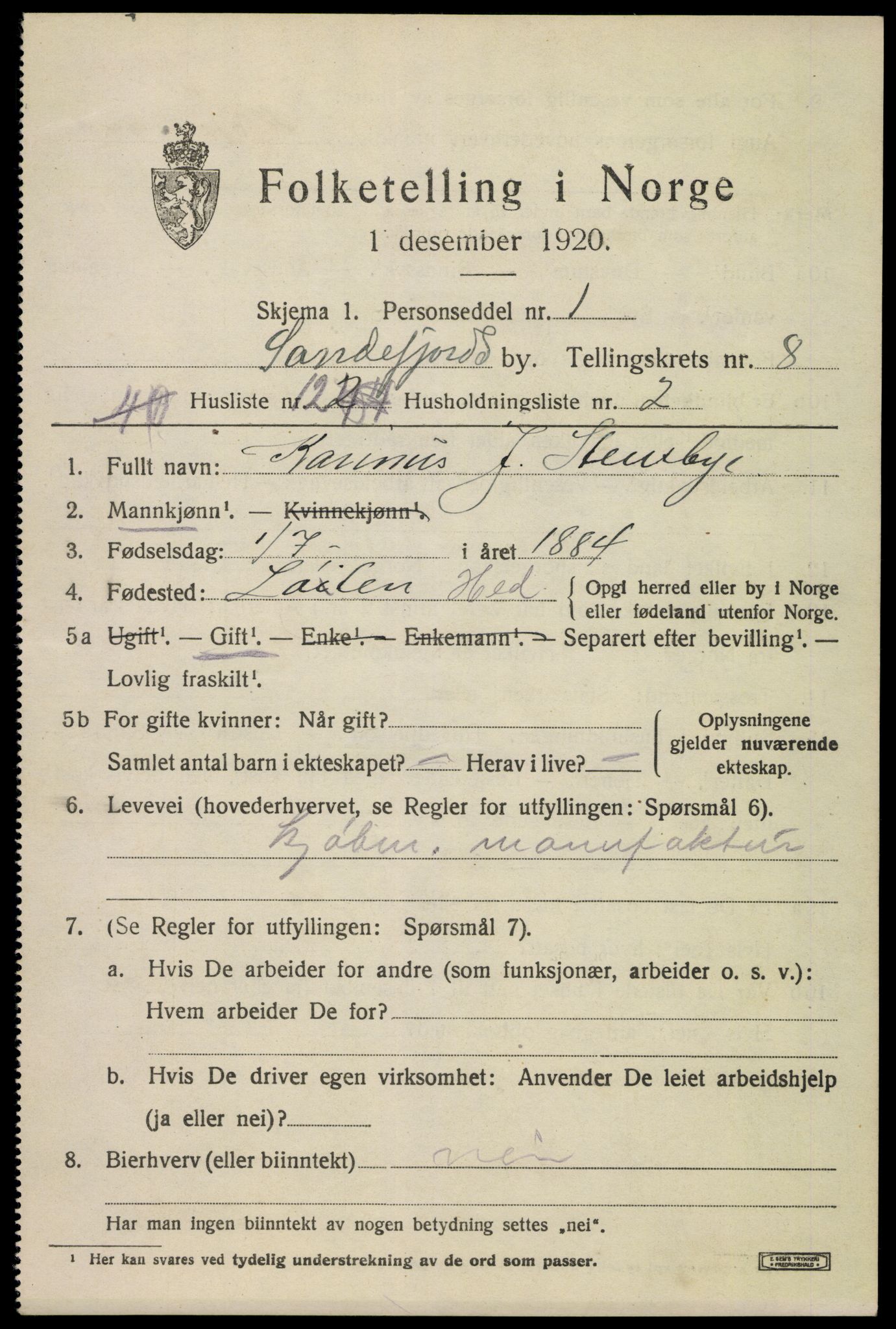 SAKO, 1920 census for Sandefjord, 1920, p. 11870