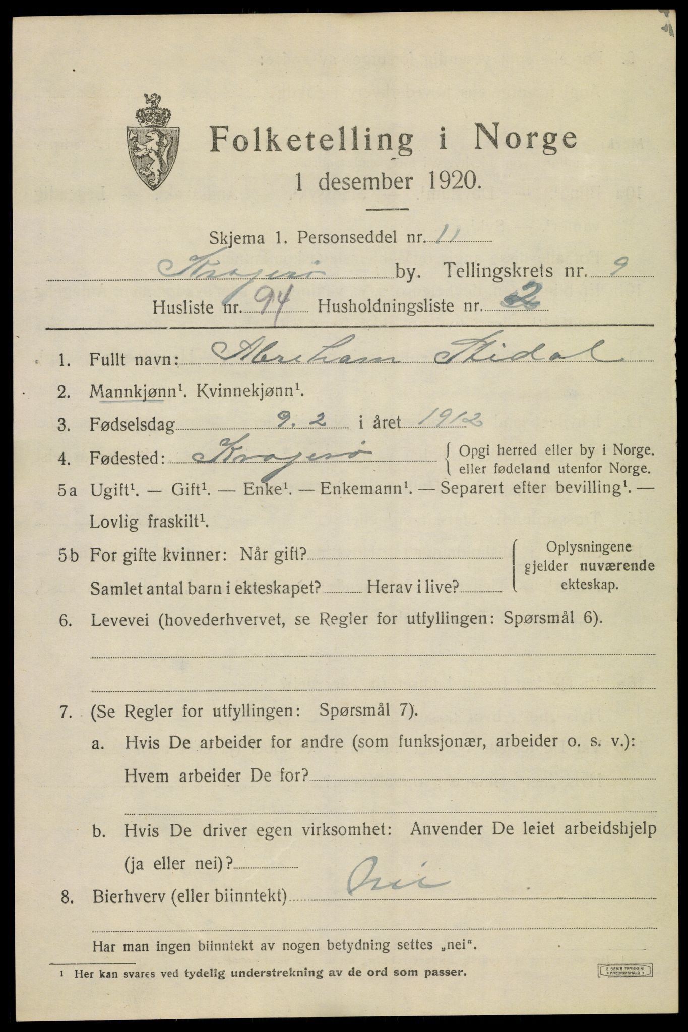 SAKO, 1920 census for Kragerø, 1920, p. 12991
