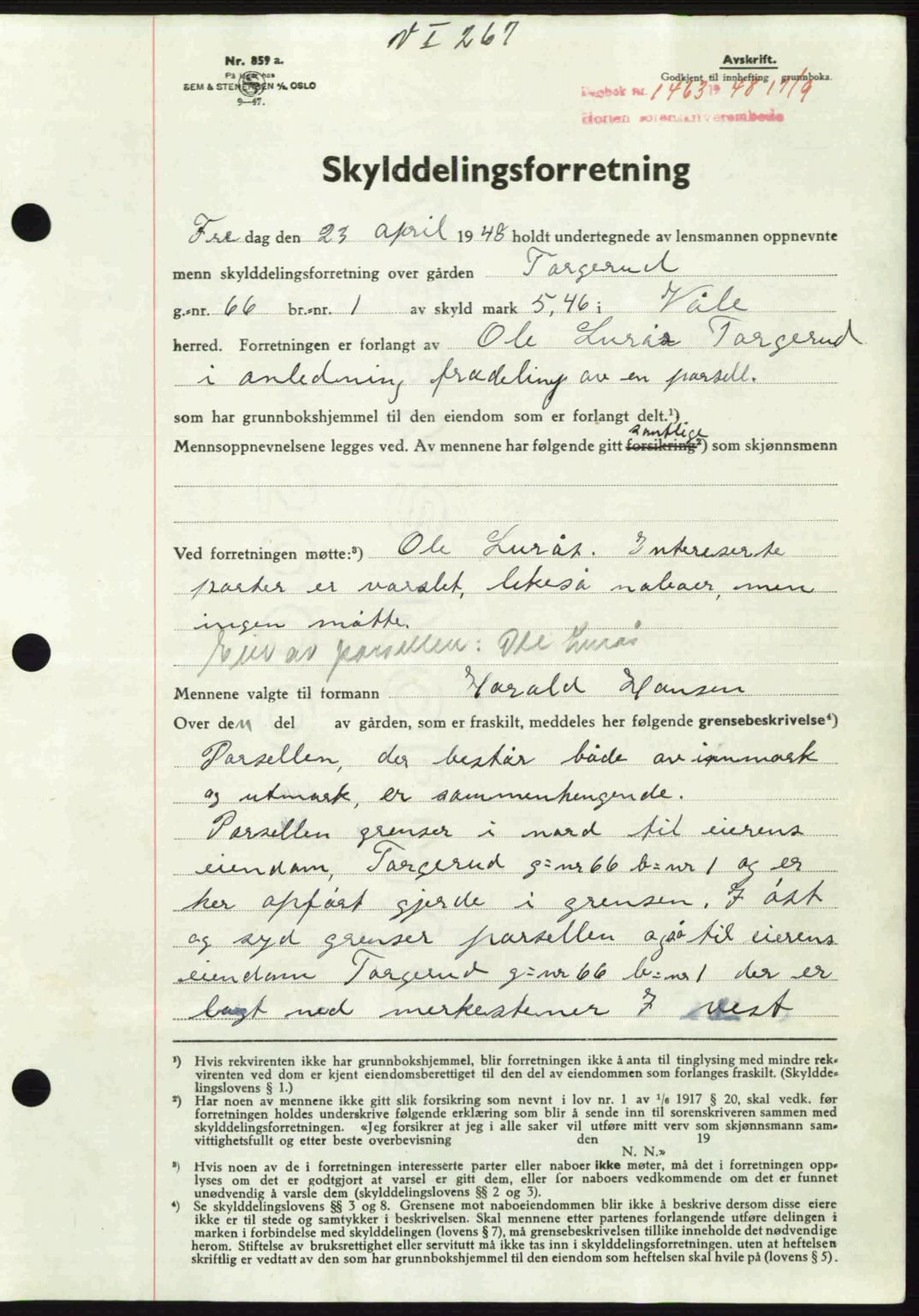 Horten sorenskriveri, AV/SAKO-A-133/G/Ga/Gaa/L0011: Mortgage book no. A-11, 1948-1948, Diary no: : 1463/1948