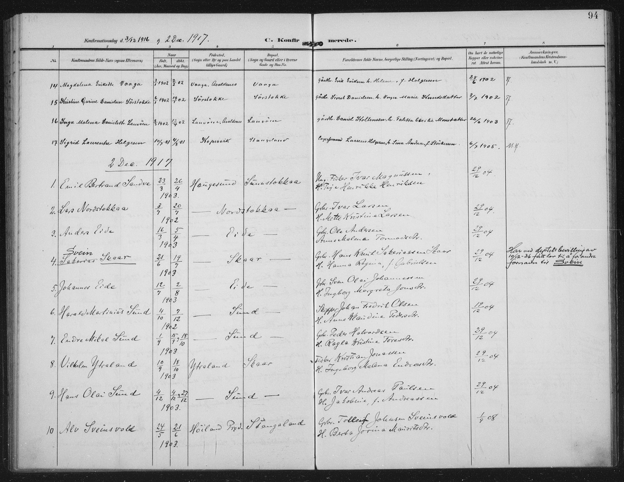 Kopervik sokneprestkontor, AV/SAST-A-101850/H/Ha/Haa/L0003: Parish register (official) no. A 3, 1906-1924, p. 94