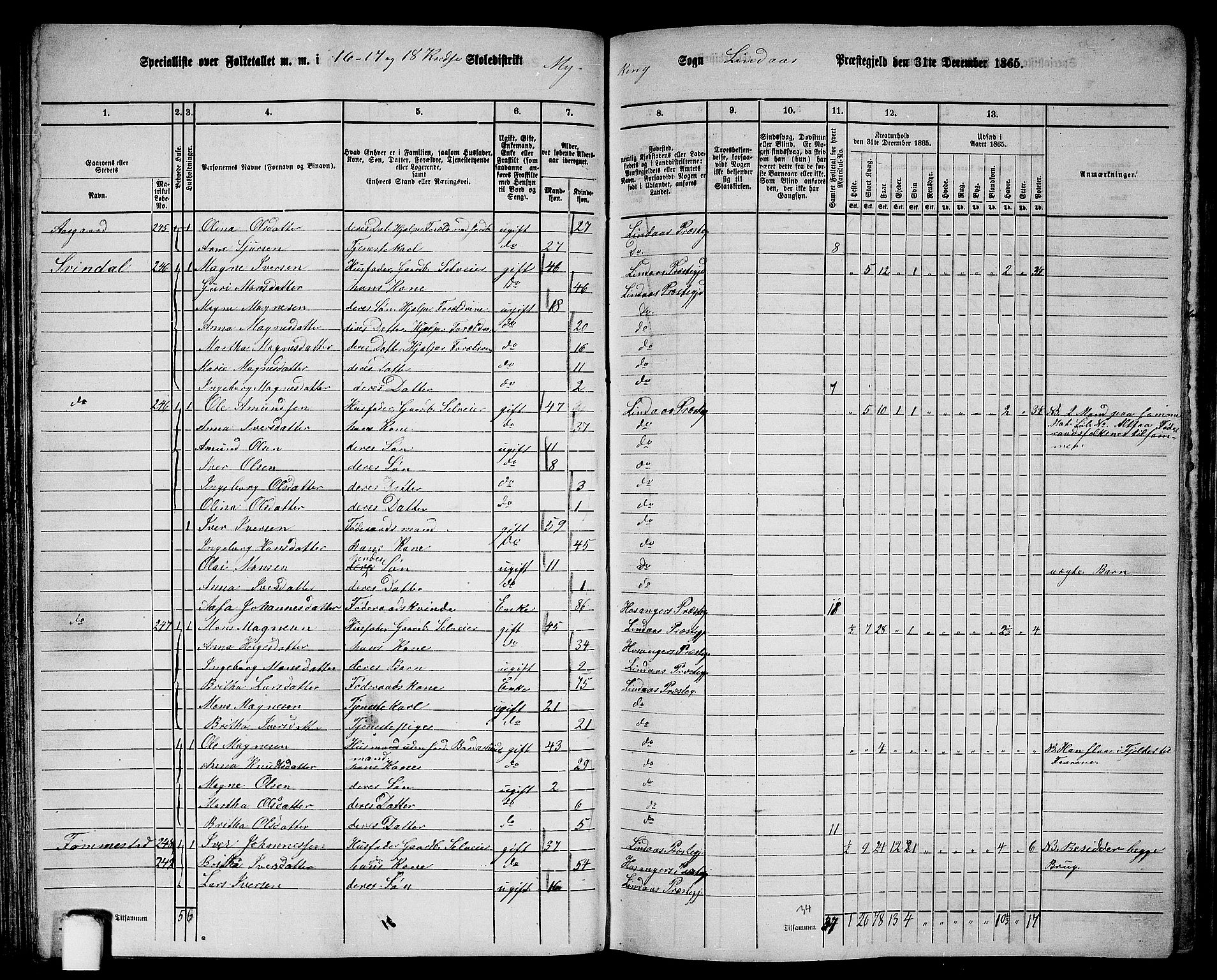 RA, 1865 census for Lindås, 1865, p. 119