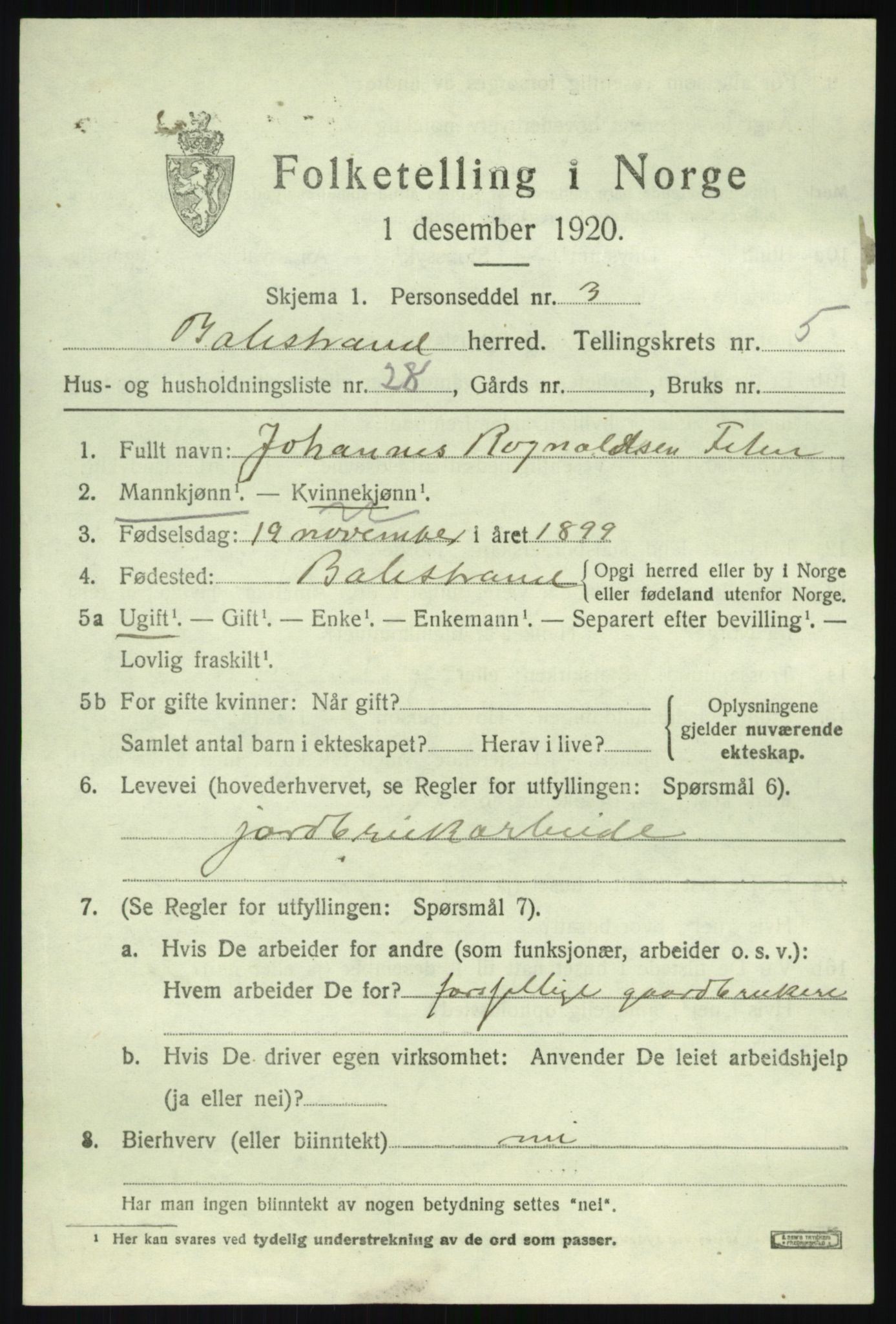 SAB, 1920 census for Balestrand, 1920, p. 2856