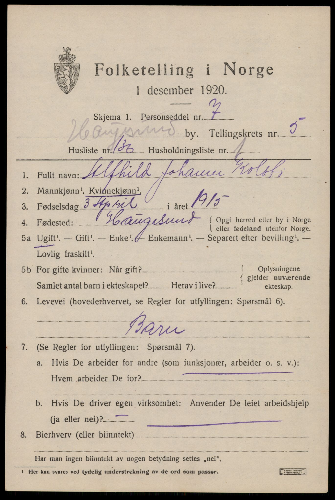 SAST, 1920 census for Haugesund, 1920, p. 20667