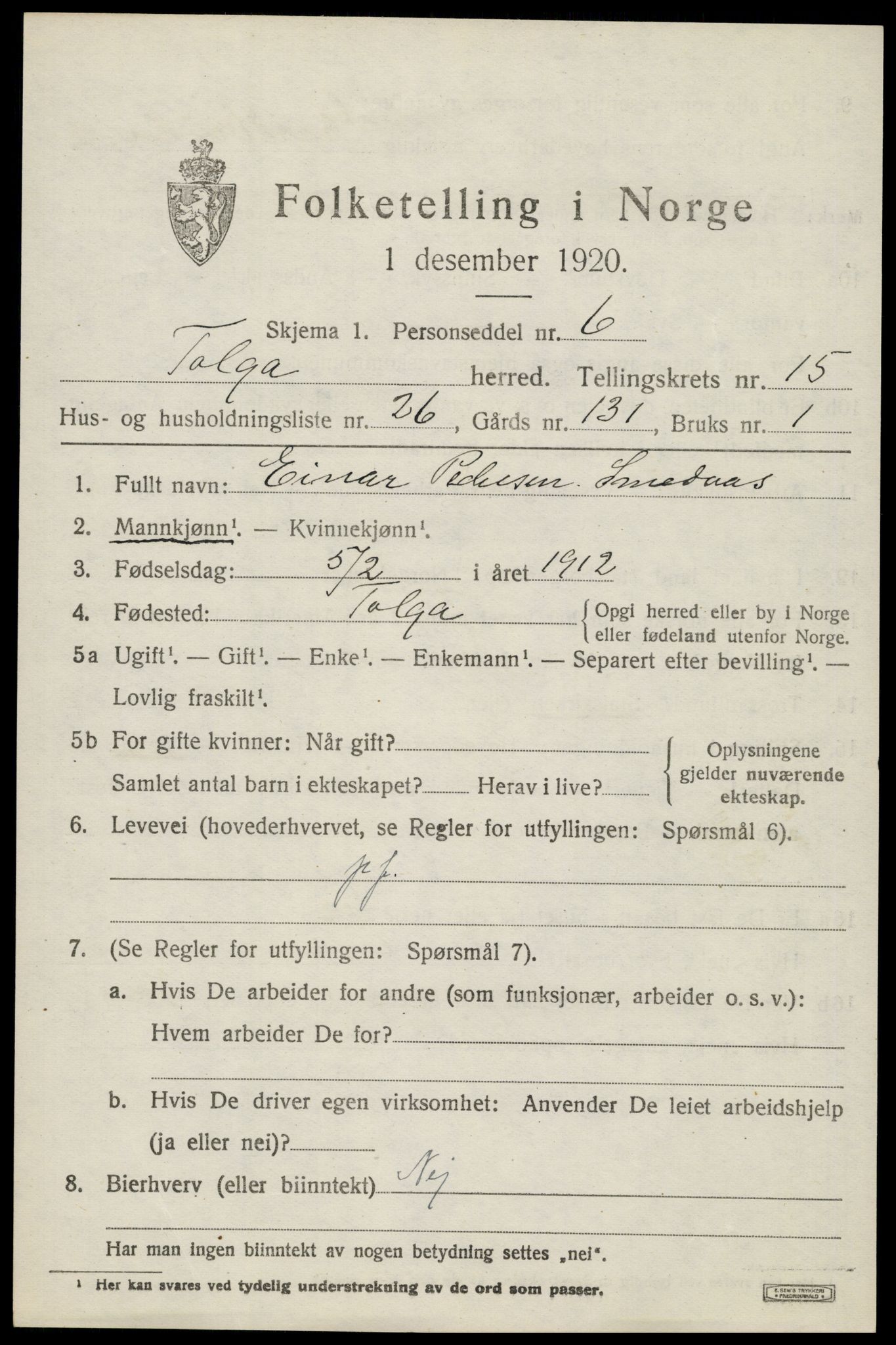 SAH, 1920 census for Tolga, 1920, p. 7157