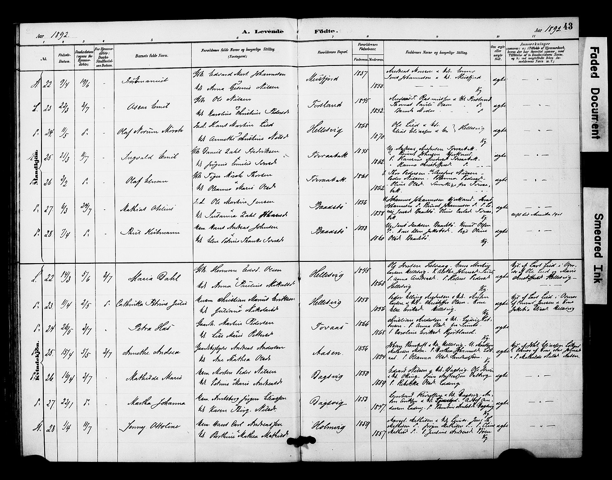 Ministerialprotokoller, klokkerbøker og fødselsregistre - Nordland, AV/SAT-A-1459/831/L0471: Parish register (official) no. 831A02, 1886-1901, p. 43