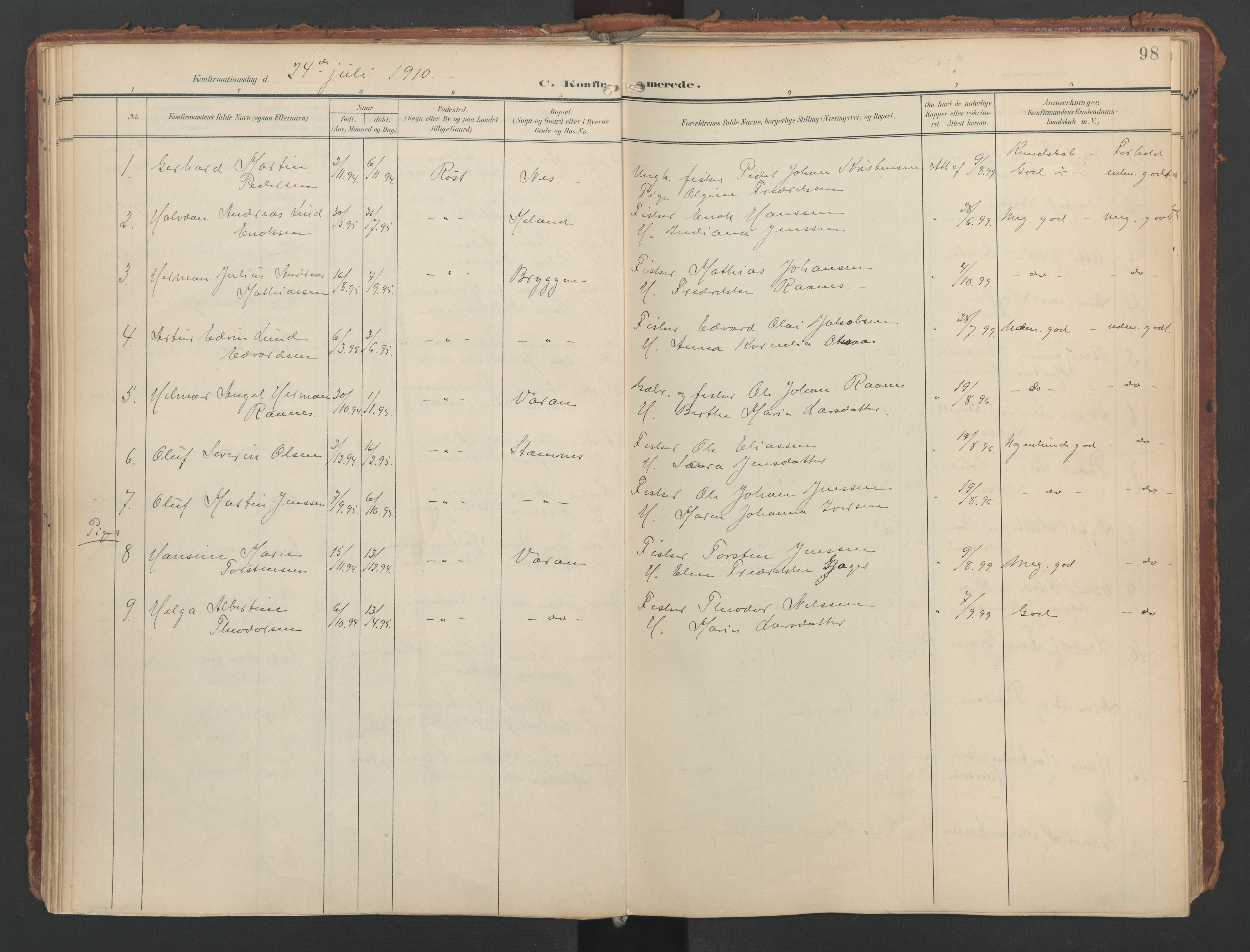 Ministerialprotokoller, klokkerbøker og fødselsregistre - Nordland, AV/SAT-A-1459/808/L0129: Parish register (official) no. 808A02, 1903-1931, p. 98