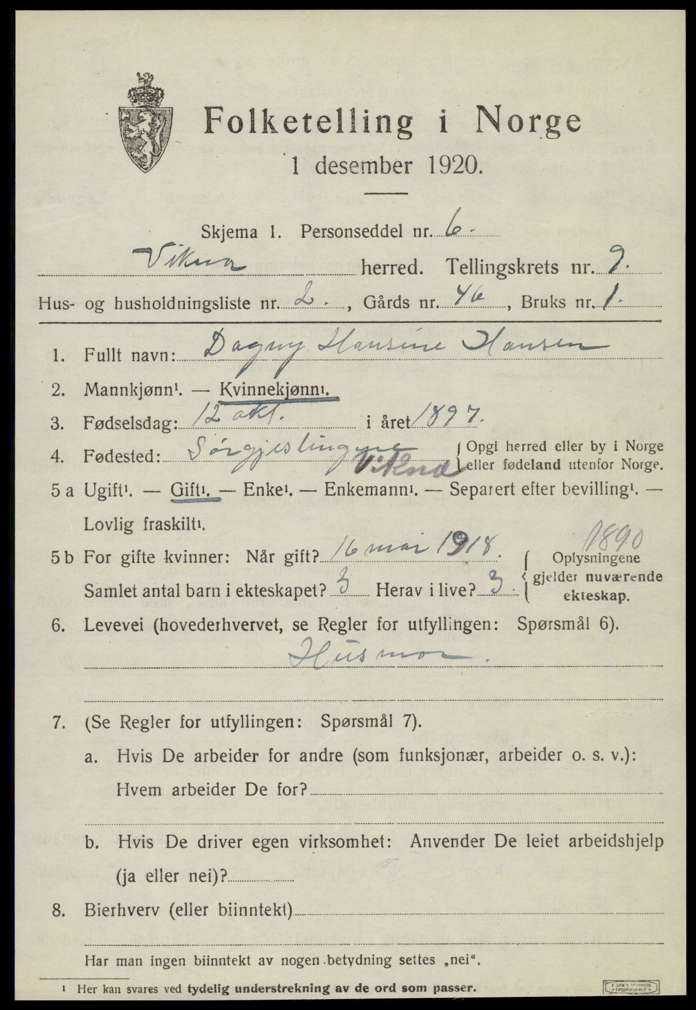 SAT, 1920 census for Vikna, 1920, p. 6459