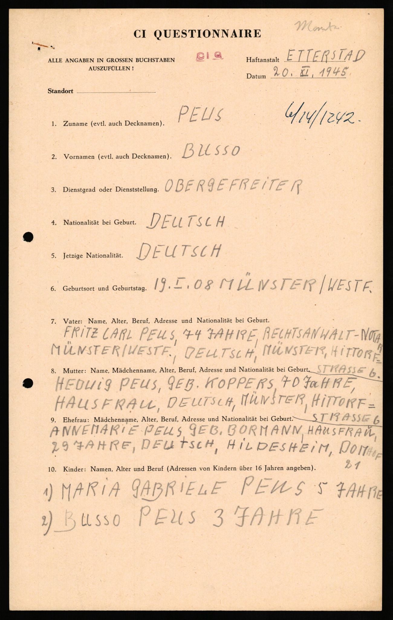 Forsvaret, Forsvarets overkommando II, RA/RAFA-3915/D/Db/L0026: CI Questionaires. Tyske okkupasjonsstyrker i Norge. Tyskere., 1945-1946, p. 39