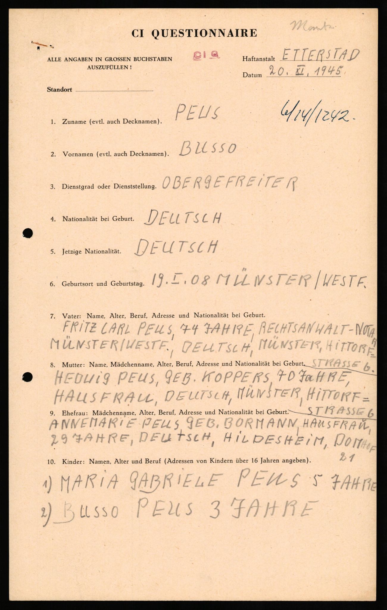 Forsvaret, Forsvarets overkommando II, AV/RA-RAFA-3915/D/Db/L0026: CI Questionaires. Tyske okkupasjonsstyrker i Norge. Tyskere., 1945-1946, p. 39