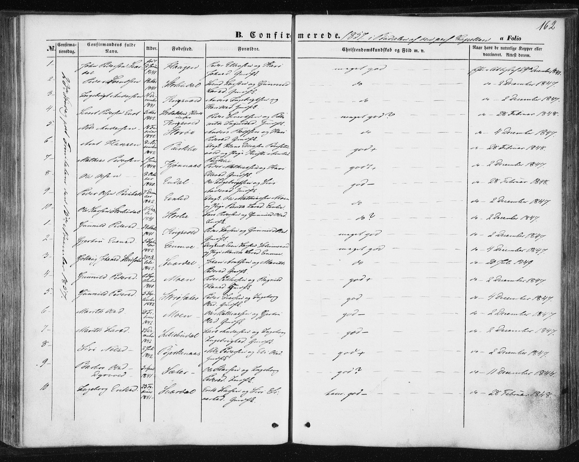 Ministerialprotokoller, klokkerbøker og fødselsregistre - Sør-Trøndelag, SAT/A-1456/687/L1000: Parish register (official) no. 687A06, 1848-1869, p. 162