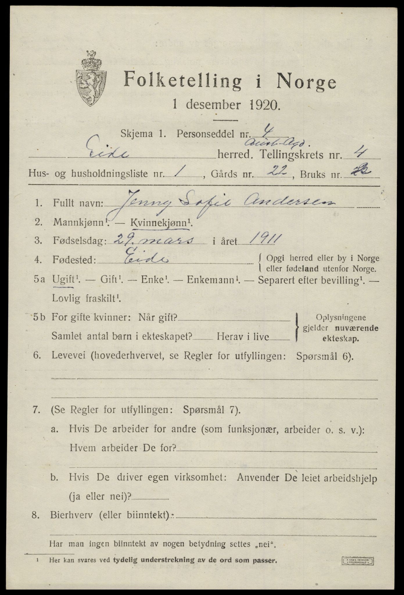 SAK, 1920 census for Eide, 1920, p. 1158