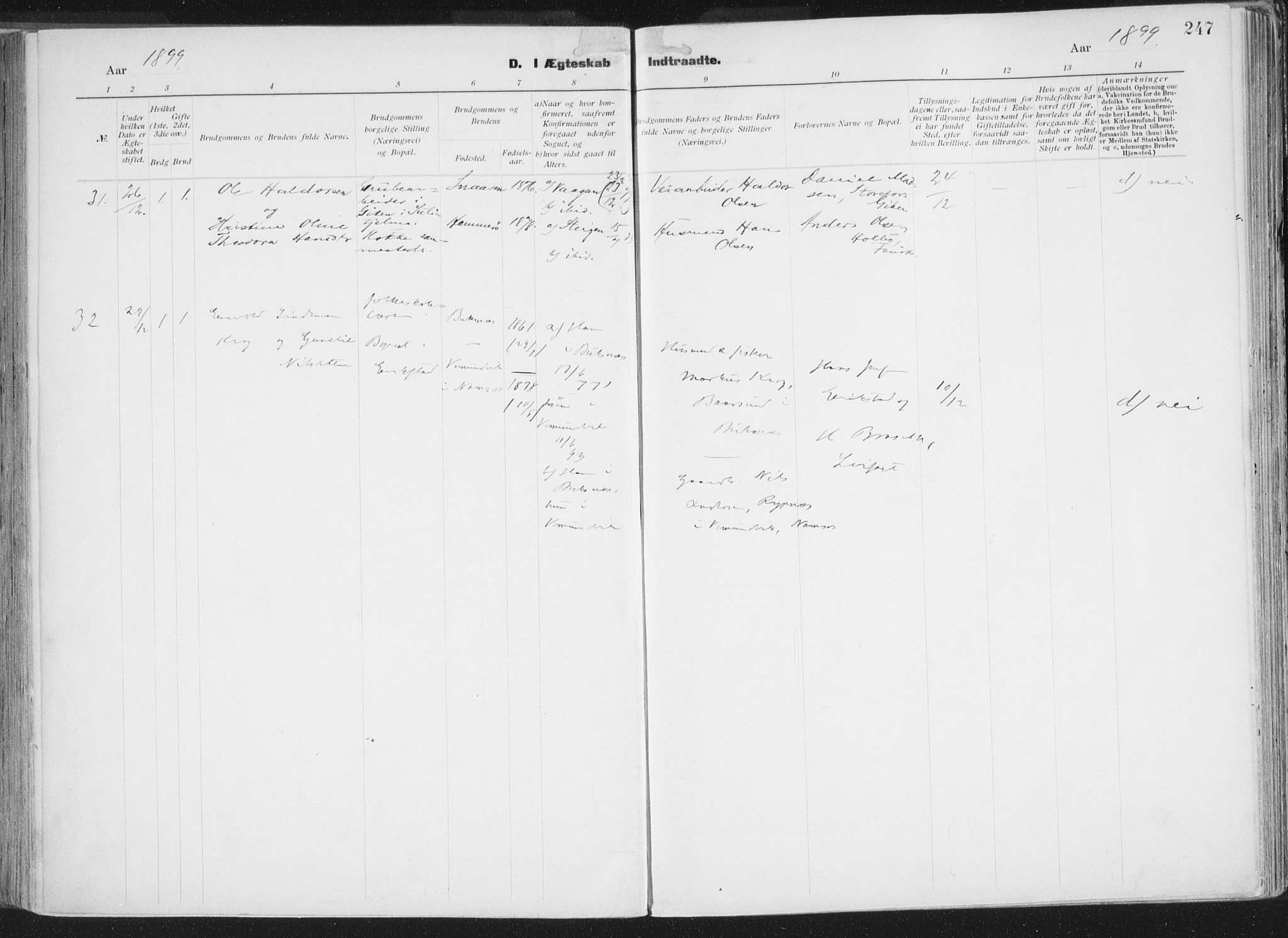 Ministerialprotokoller, klokkerbøker og fødselsregistre - Nordland, AV/SAT-A-1459/849/L0696: Parish register (official) no. 849A08, 1898-1910, p. 247