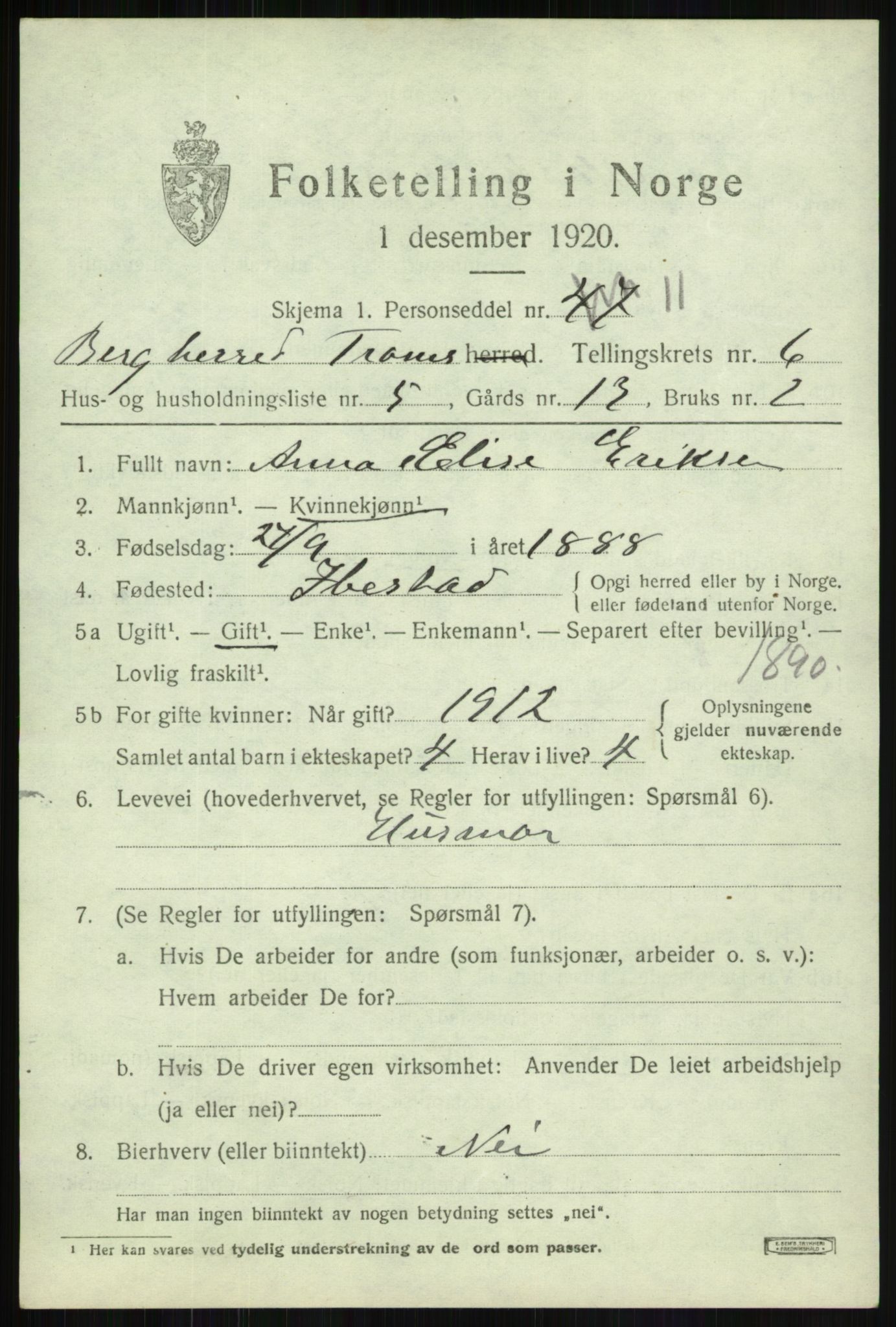 SATØ, 1920 census for Berg, 1920, p. 2145