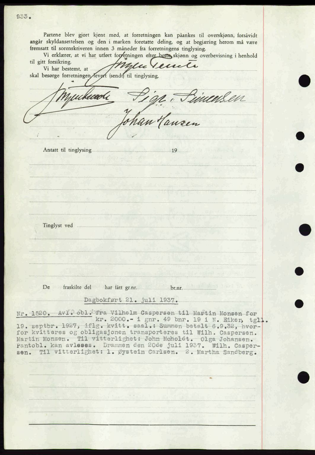 Eiker, Modum og Sigdal sorenskriveri, SAKO/A-123/G/Ga/Gab/L0035: Mortgage book no. A5, 1937-1937, Diary no: : 1520/1937
