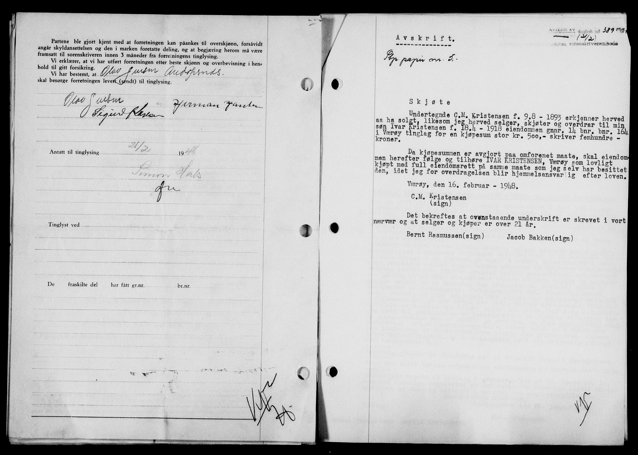 Lofoten sorenskriveri, SAT/A-0017/1/2/2C/L0017a: Mortgage book no. 17a, 1947-1948, Diary no: : 389/1948