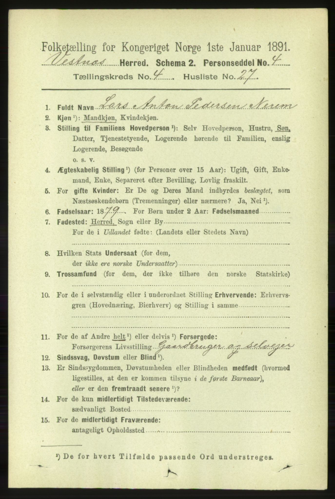 RA, 1891 census for 1535 Vestnes, 1891, p. 1453