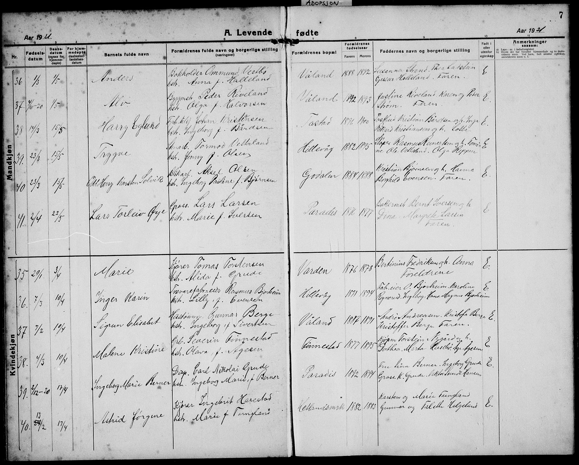 Hetland sokneprestkontor, AV/SAST-A-101826/30/30BB/L0011: Parish register (copy) no. B 11, 1921-1939, p. 7