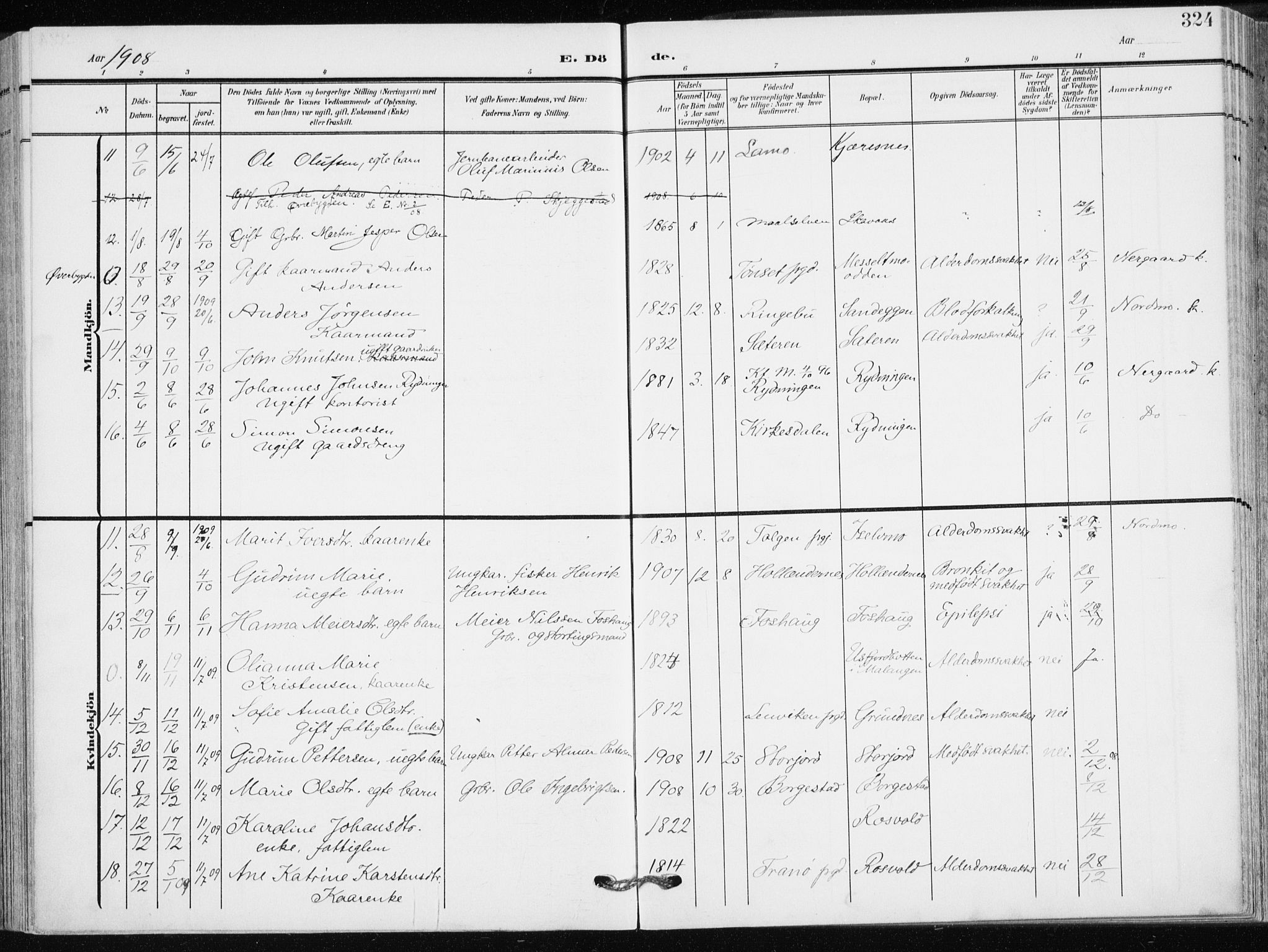 Målselv sokneprestembete, AV/SATØ-S-1311/G/Ga/Gaa/L0011kirke: Parish register (official) no. 11, 1904-1918, p. 324