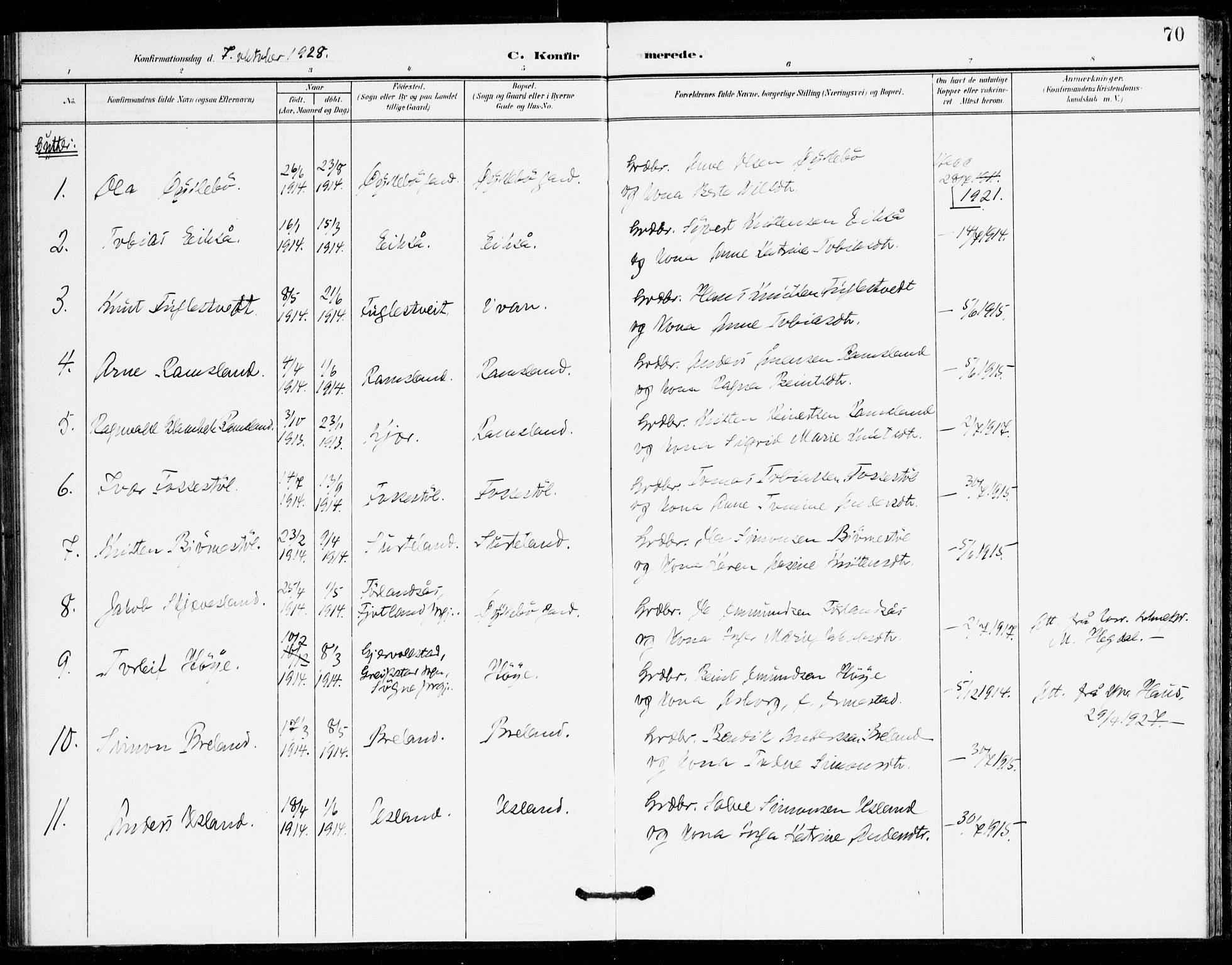 Holum sokneprestkontor, SAK/1111-0022/F/Fa/Fac/L0005: Parish register (official) no. A 5, 1908-1930, p. 70