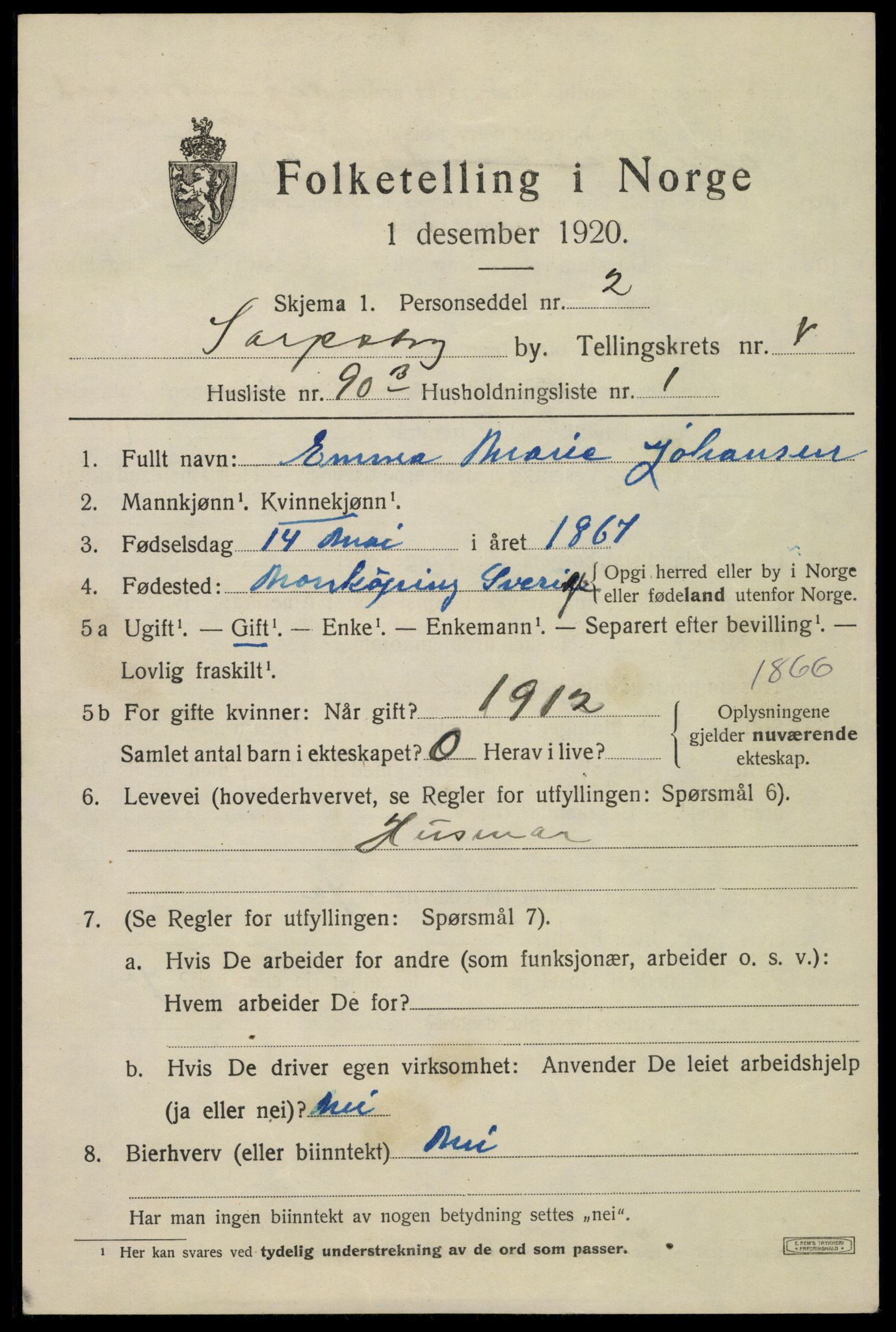 SAO, 1920 census for Sarpsborg, 1920, p. 13426