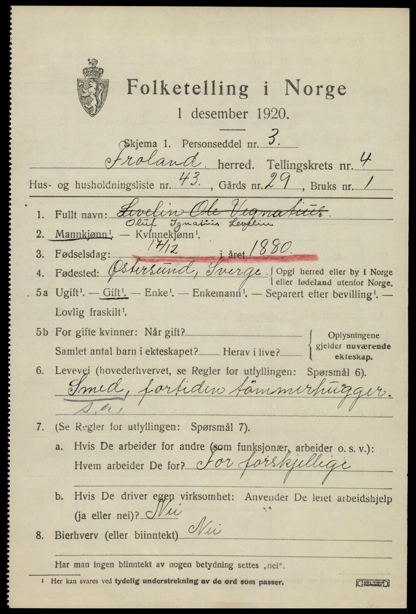 SAK, 1920 census for Froland, 1920, p. 3555