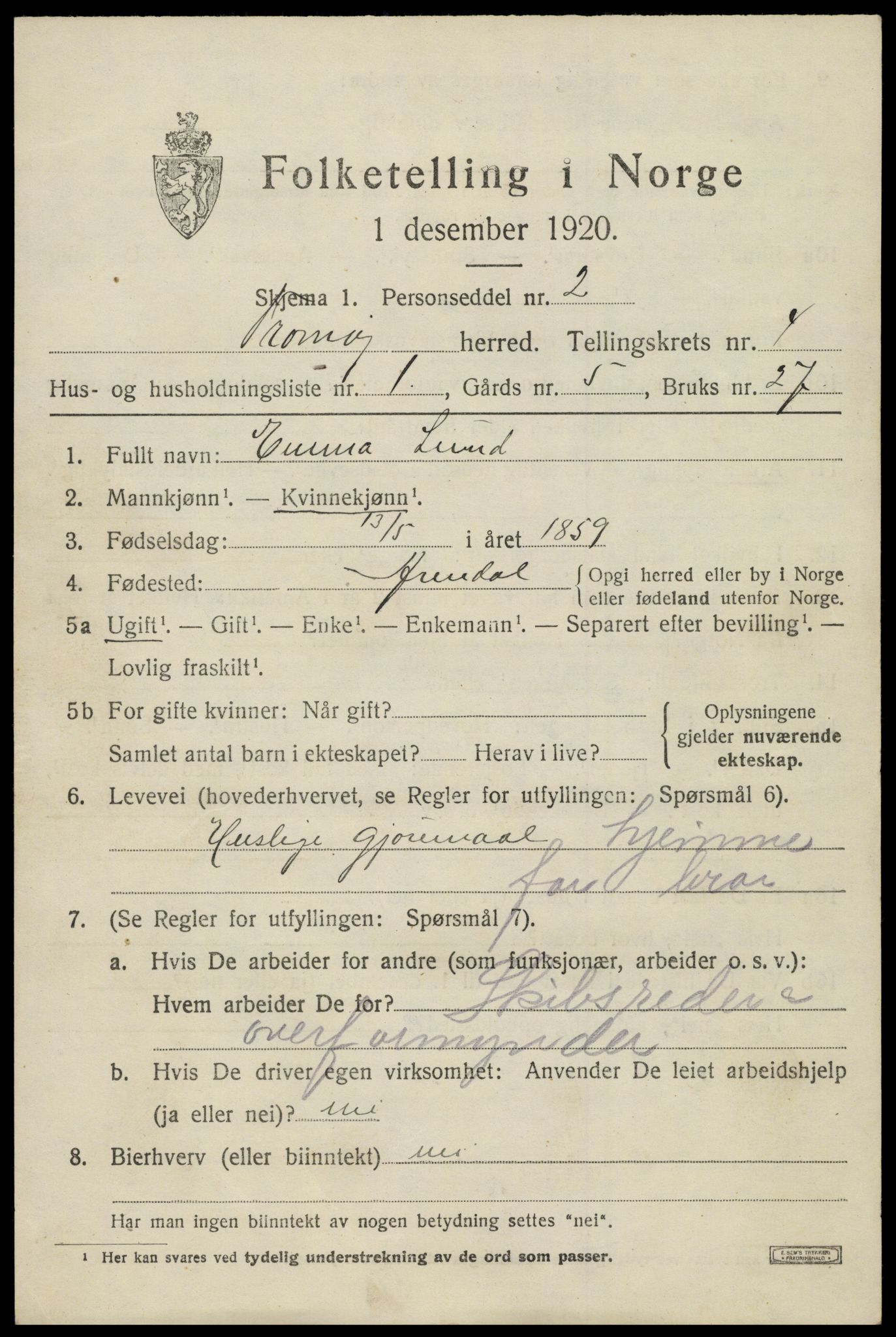 SAK, 1920 census for Tromøy, 1920, p. 2381