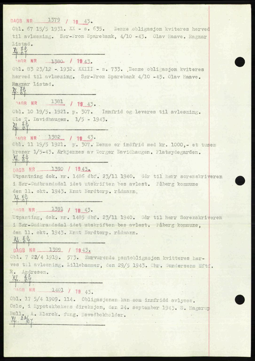 Sør-Gudbrandsdal tingrett, SAH/TING-004/H/Hb/Hbf/L0002: Mortgage book no. C1, 1938-1951, Diary no: : 1379/1943