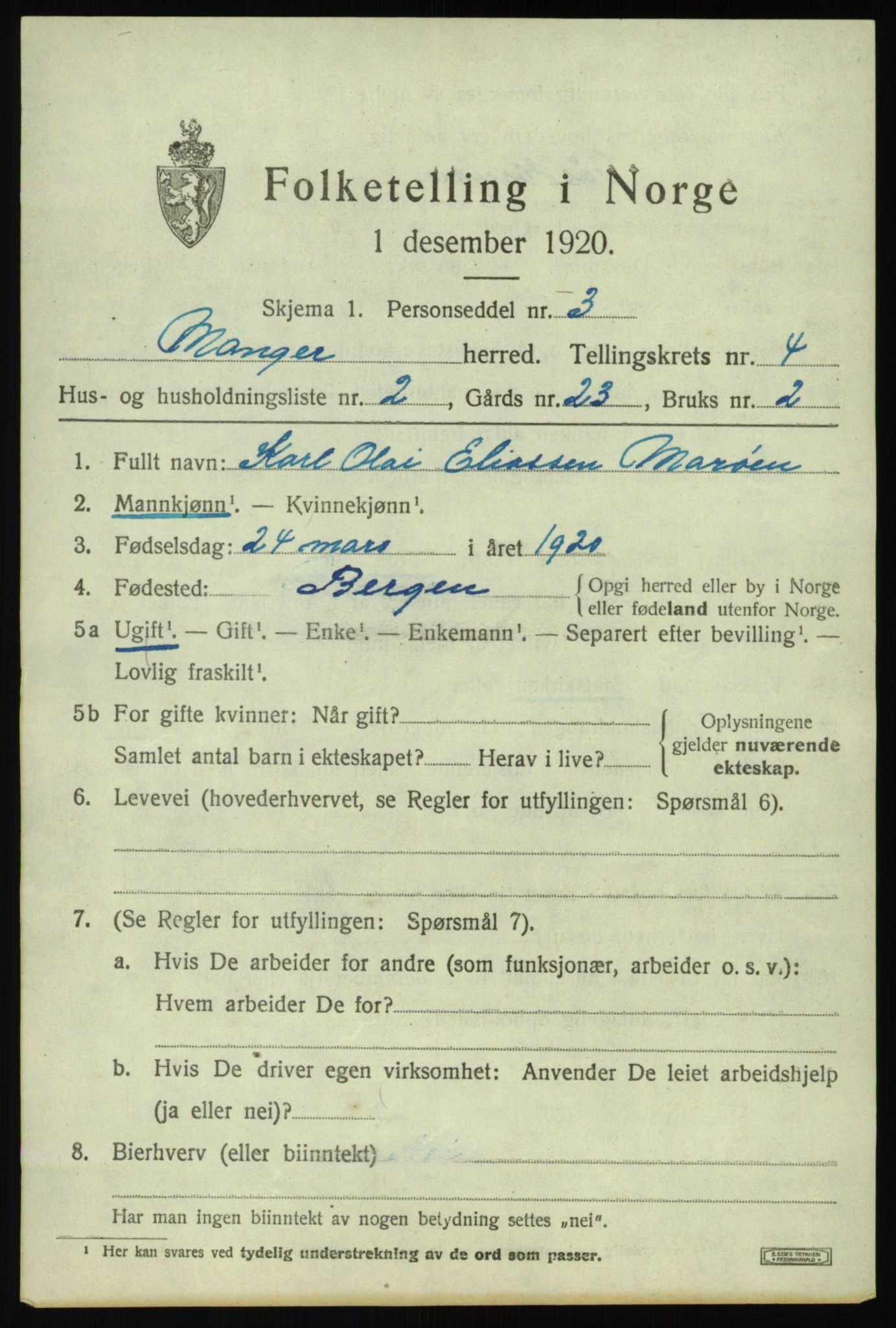 SAB, 1920 census for Manger, 1920, p. 3021