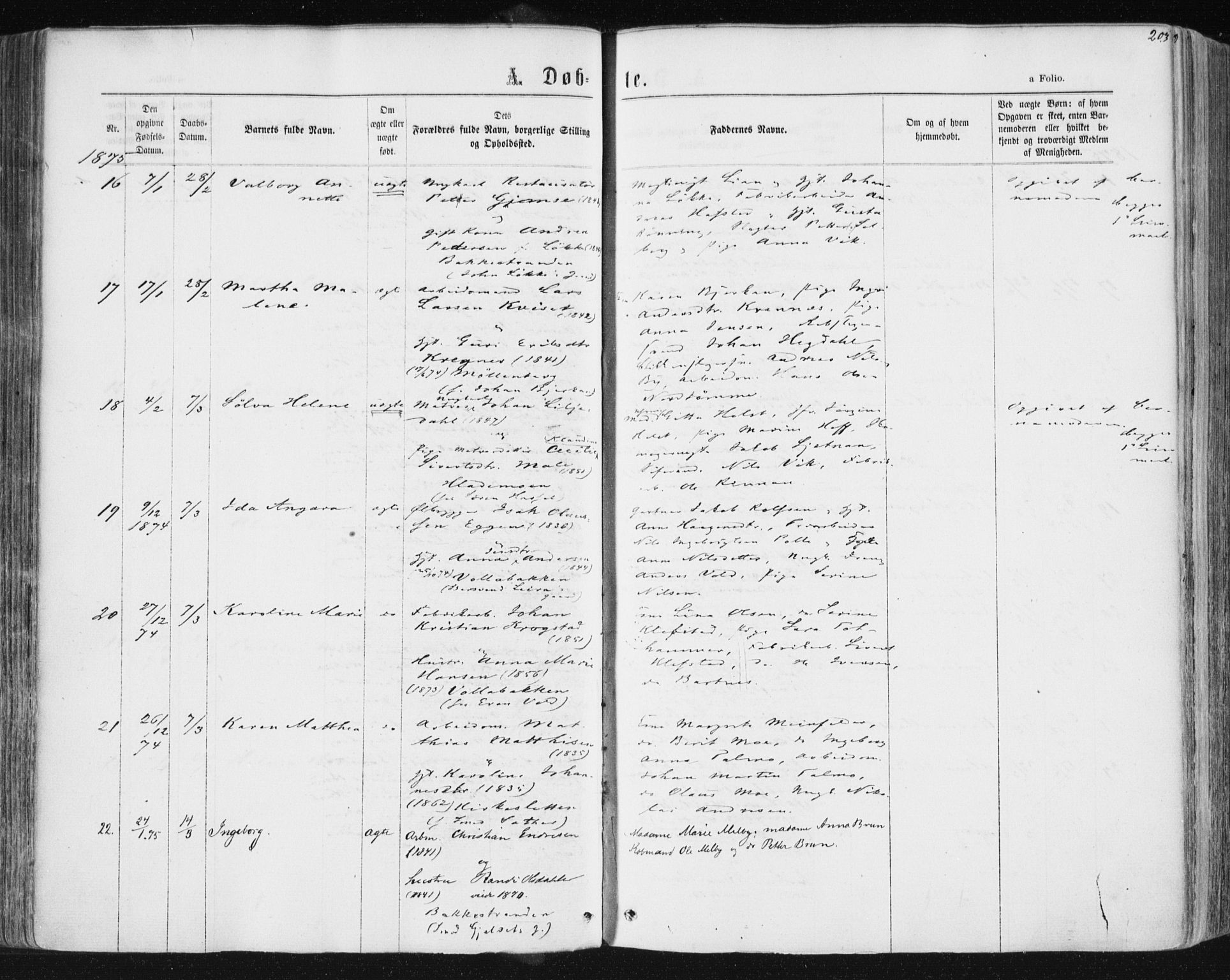 Ministerialprotokoller, klokkerbøker og fødselsregistre - Sør-Trøndelag, SAT/A-1456/604/L0186: Parish register (official) no. 604A07, 1866-1877, p. 203