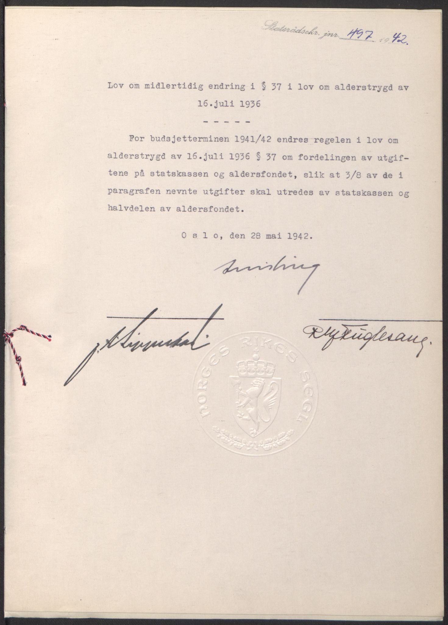 NS-administrasjonen 1940-1945 (Statsrådsekretariatet, de kommisariske statsråder mm), RA/S-4279/D/Db/L0098: Lover II, 1942, p. 5