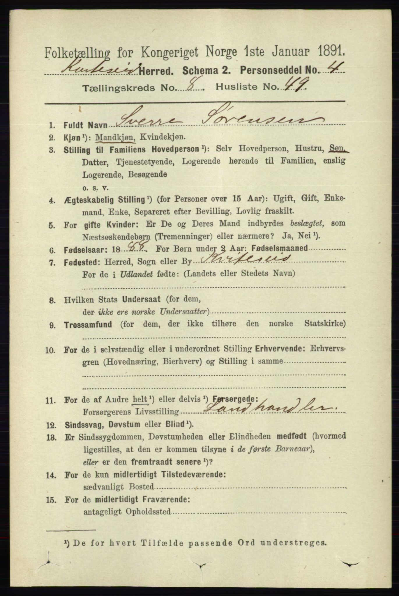 RA, 1891 census for 0829 Kviteseid, 1891, p. 1908