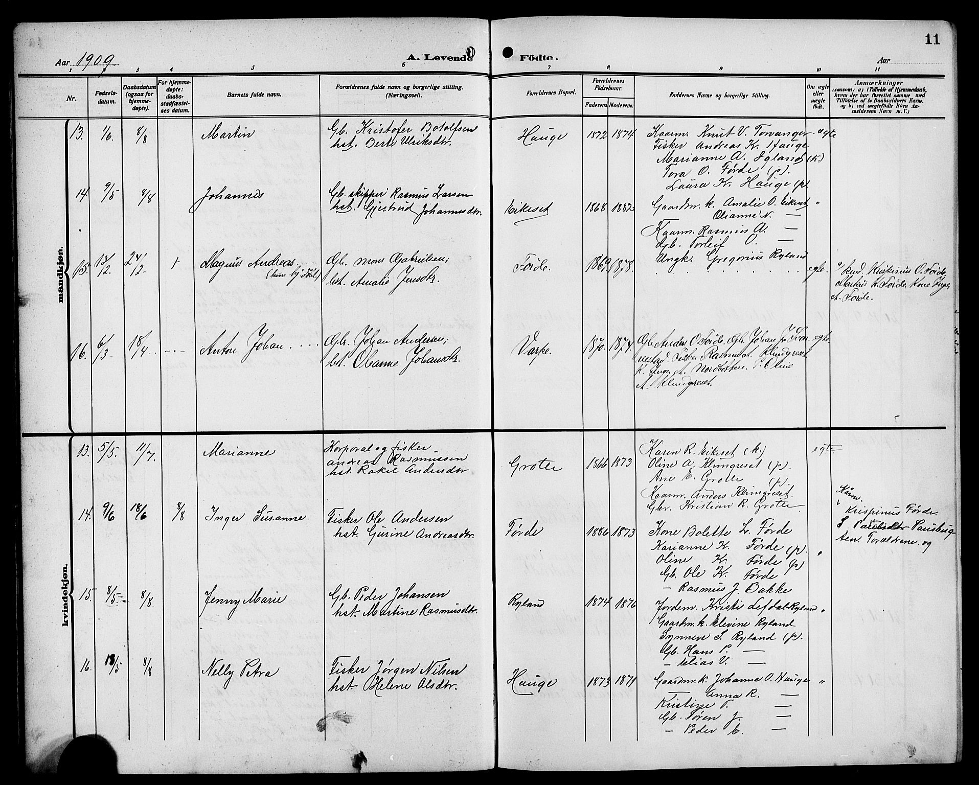 Bremanger sokneprestembete, SAB/A-82201/H/Hab/Habc/L0001: Parish register (copy) no. C 1, 1908-1919, p. 11