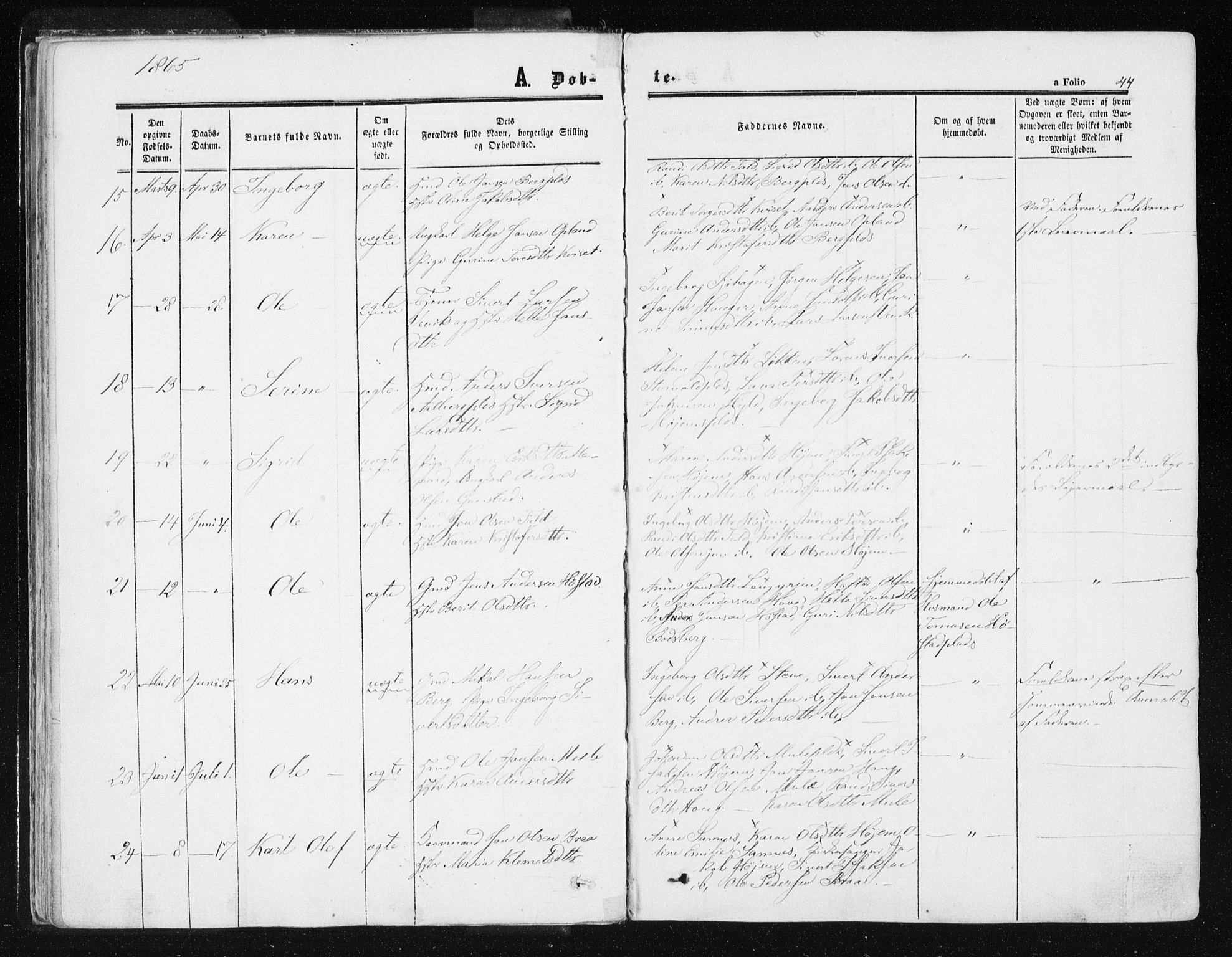 Ministerialprotokoller, klokkerbøker og fødselsregistre - Sør-Trøndelag, SAT/A-1456/612/L0377: Parish register (official) no. 612A09, 1859-1877, p. 44
