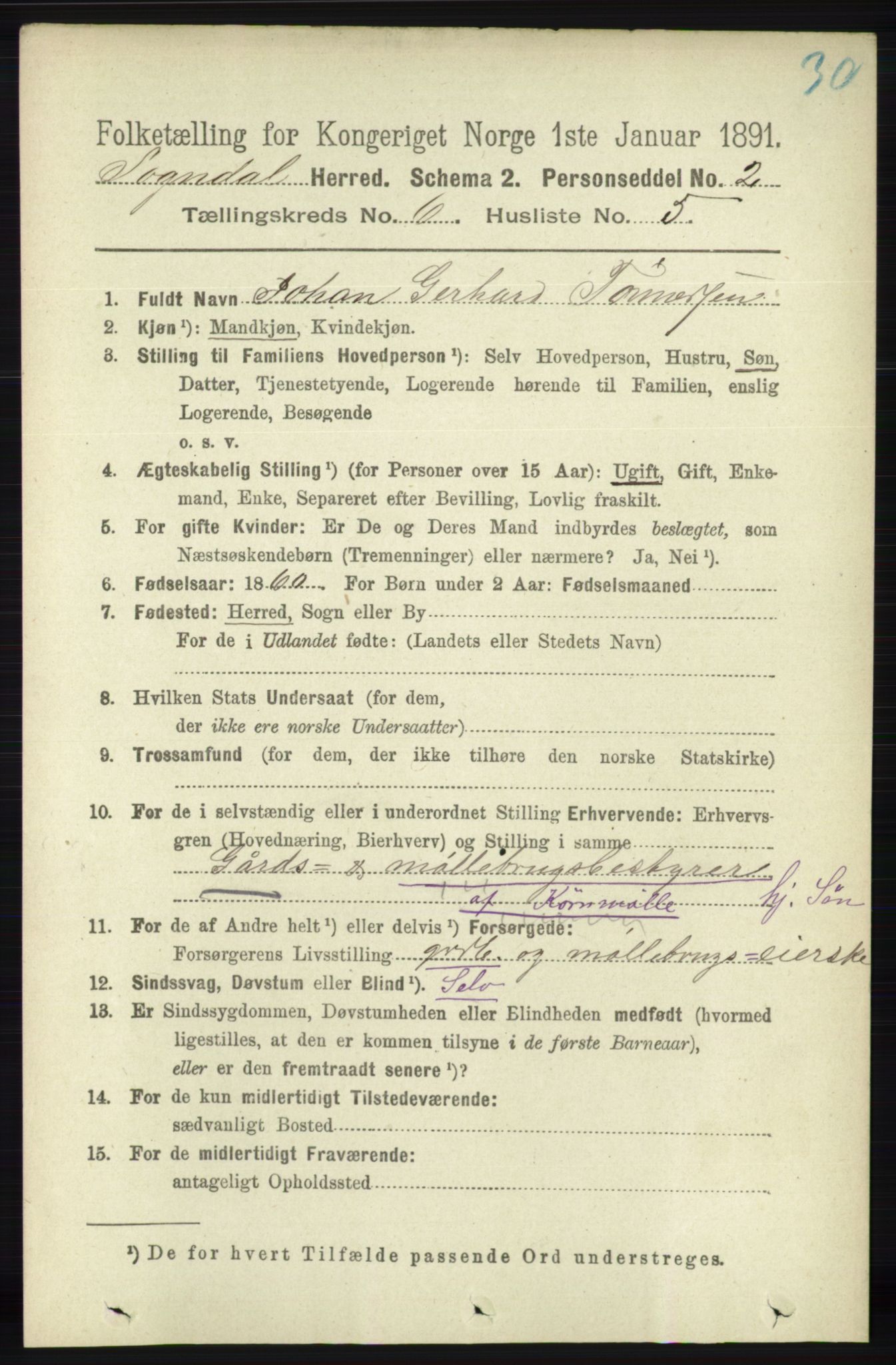 RA, 1891 census for 1111 Sokndal, 1891, p. 1660