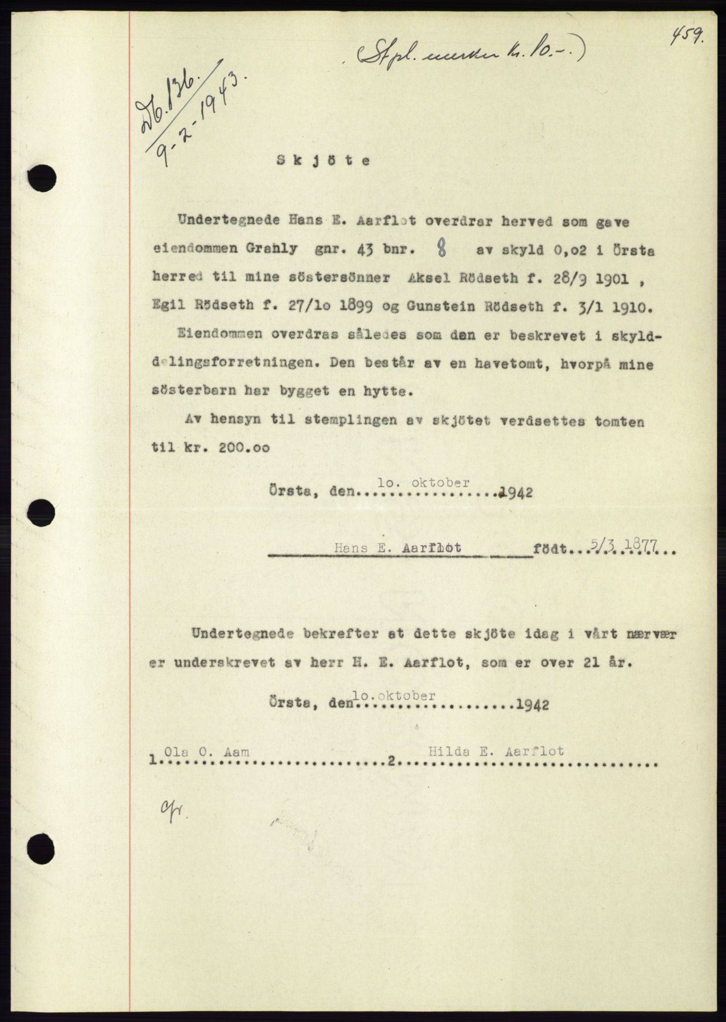 Søre Sunnmøre sorenskriveri, AV/SAT-A-4122/1/2/2C/L0074: Mortgage book no. 68, 1942-1943, Diary no: : 136/1943