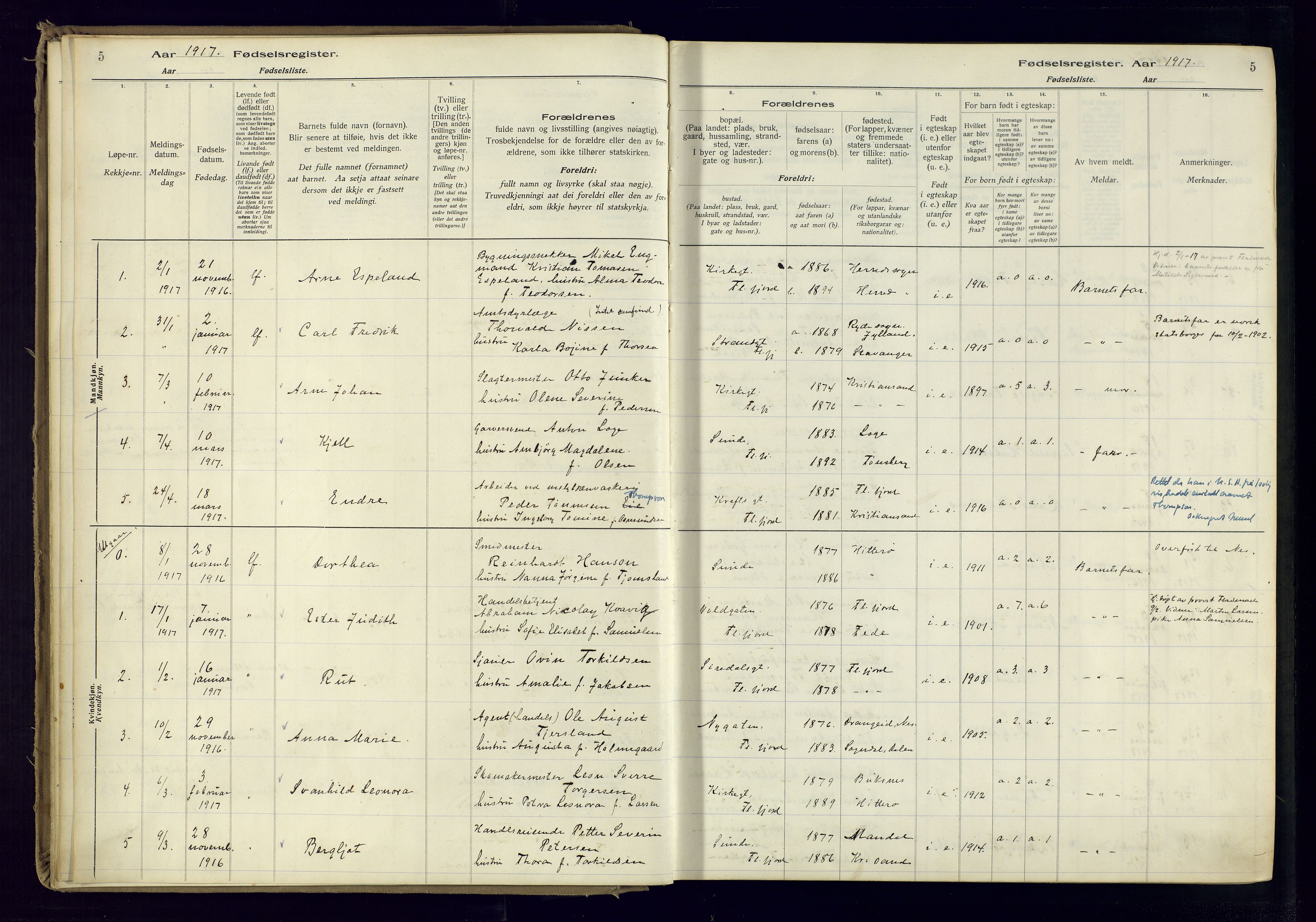 Flekkefjord sokneprestkontor, SAK/1111-0012/J/Ja/L0001: Birth register no. 1, 1916-1948, p. 5