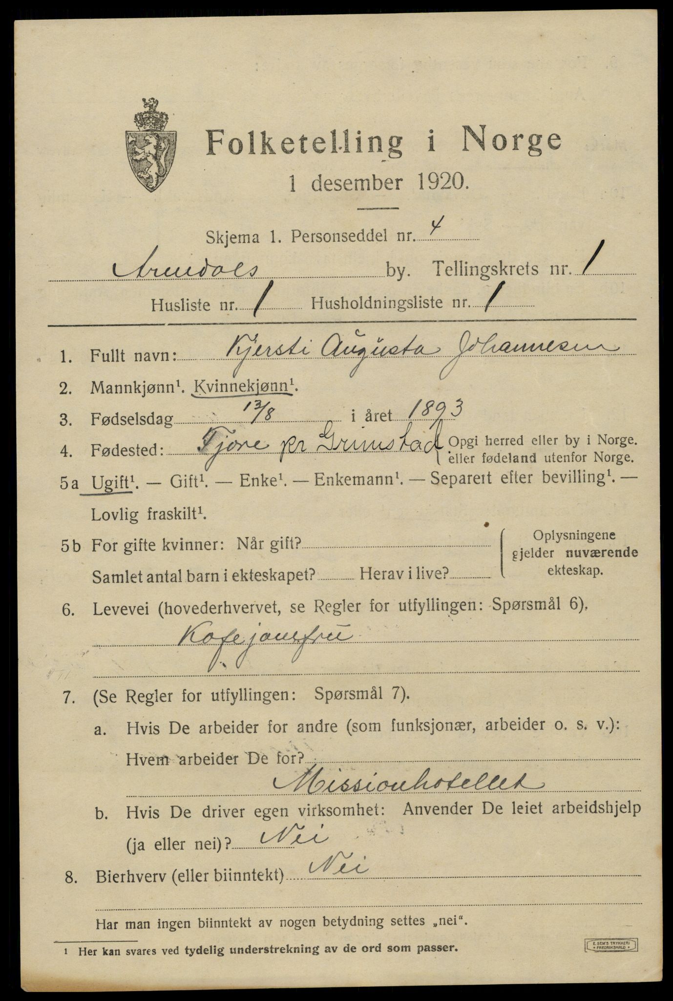 SAK, 1920 census for Arendal, 1920, p. 9162